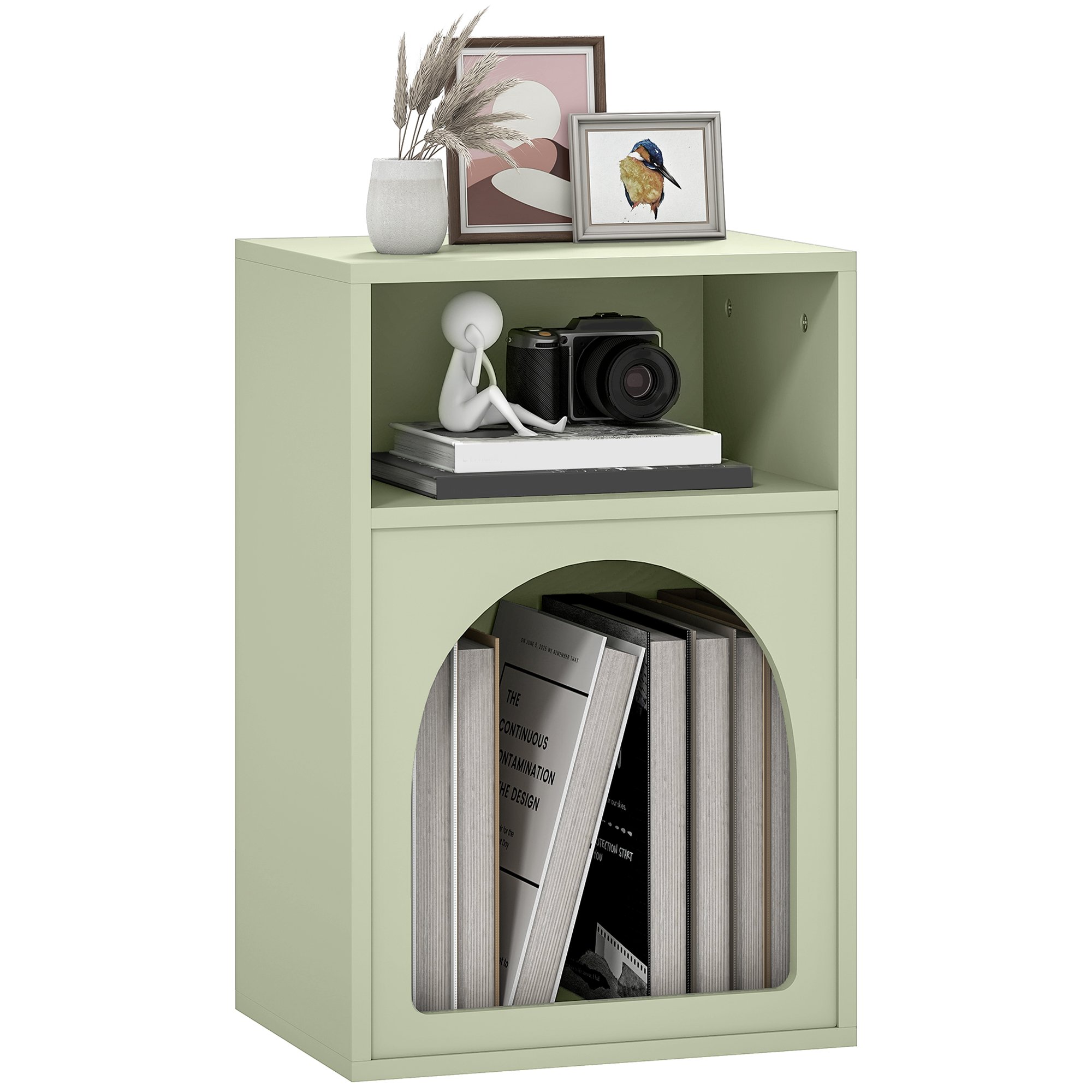 HOMCOM Arc Design Bedside Table with 2 Open Compartments - Light Green