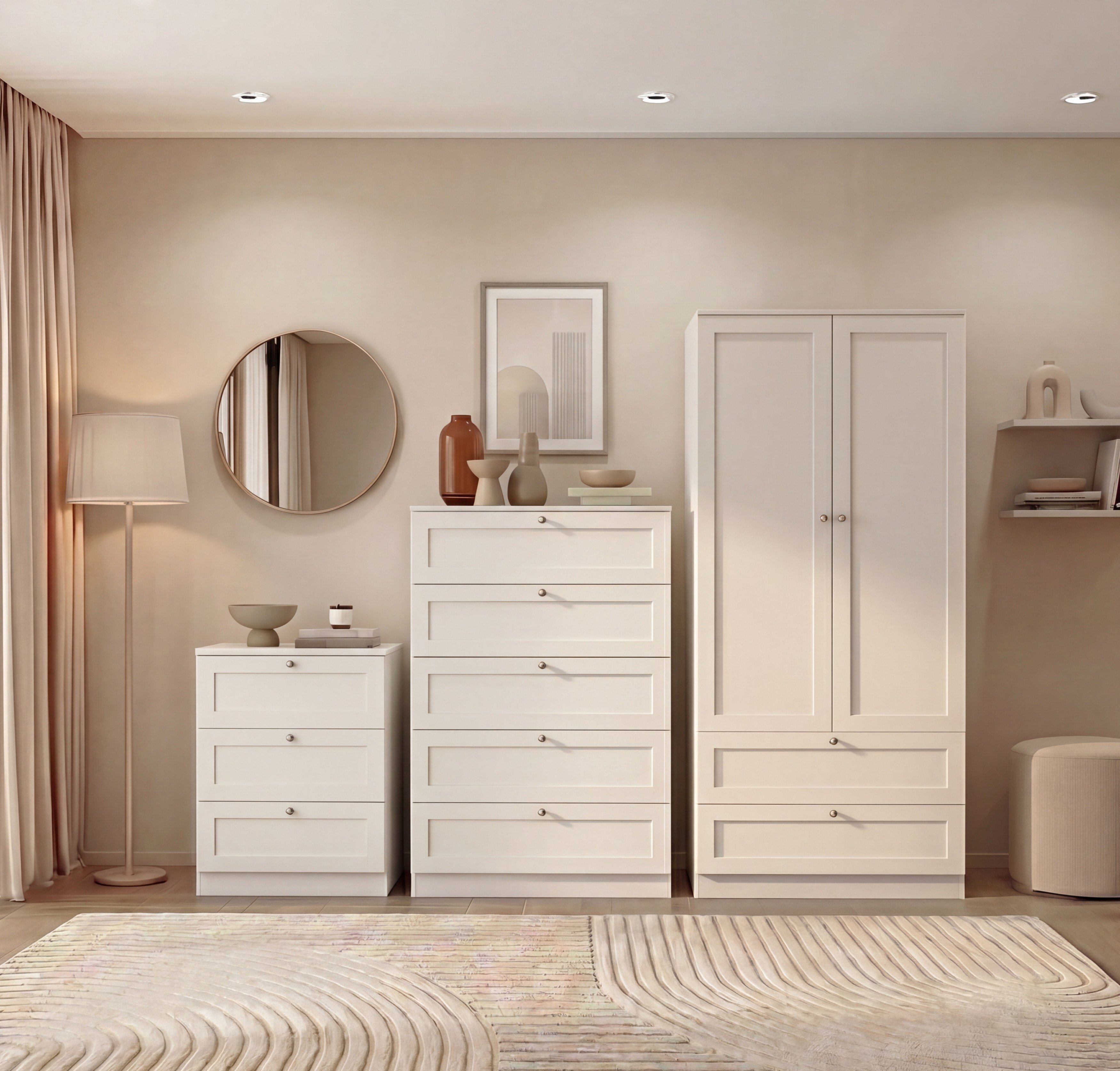 Vida Designs Altino Set (3 Drawer Bedside - 5 Drawer Chest - Wardrobe) - White