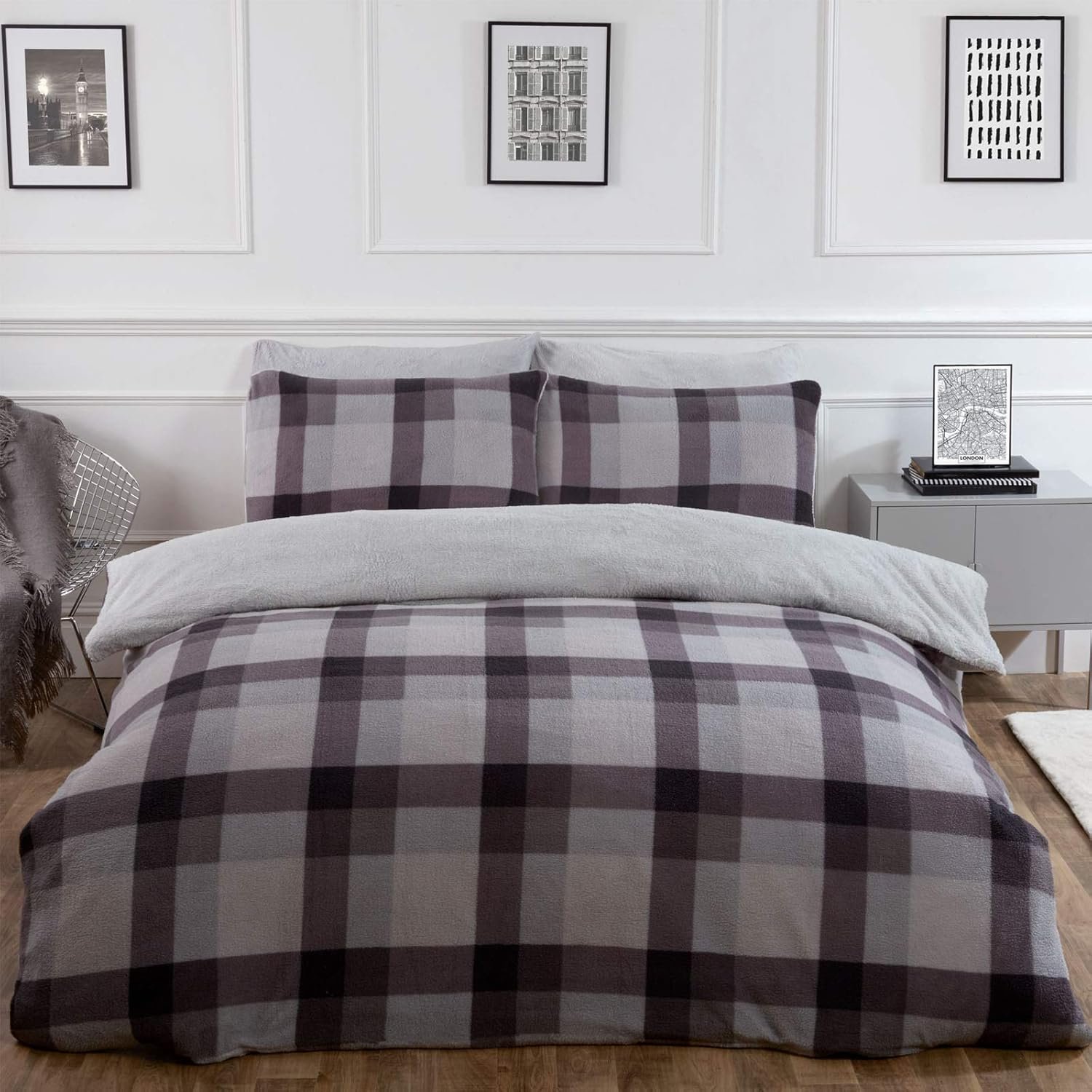 OHS Check Teddy Duvet Cover Set Grey - King