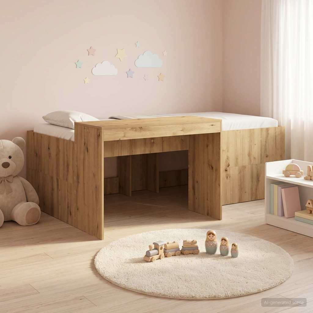 Walplus Engineered Wood Single Kids Loft Bed with Desk - Oak