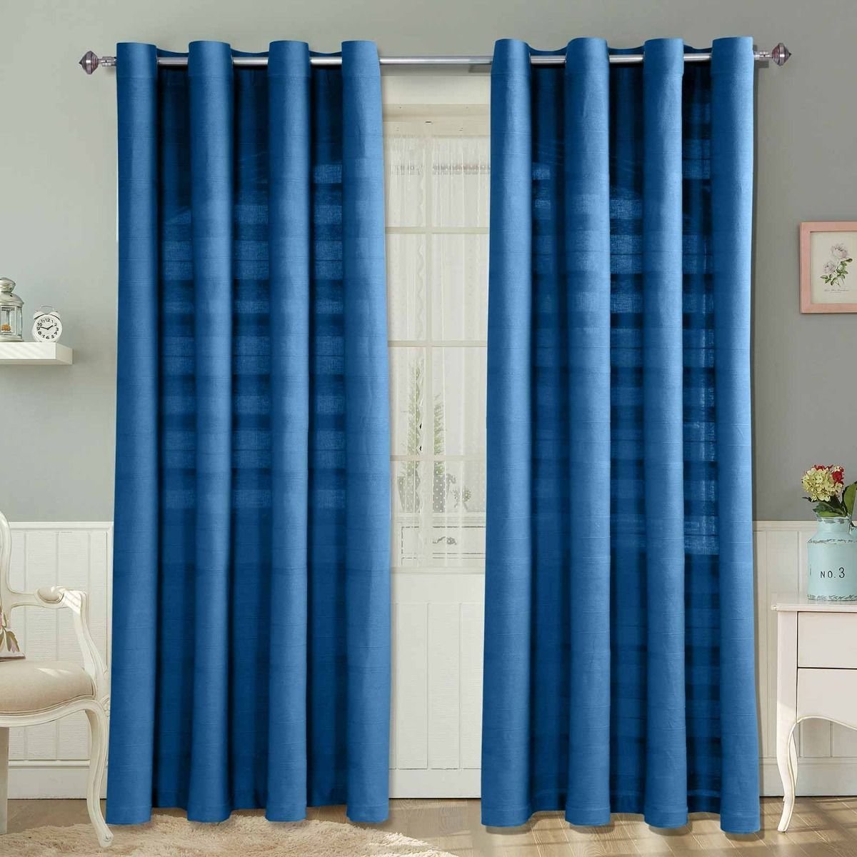 Homescapes Blue Cotton Rajput Ribbed Curtains - 137cm x 137cm