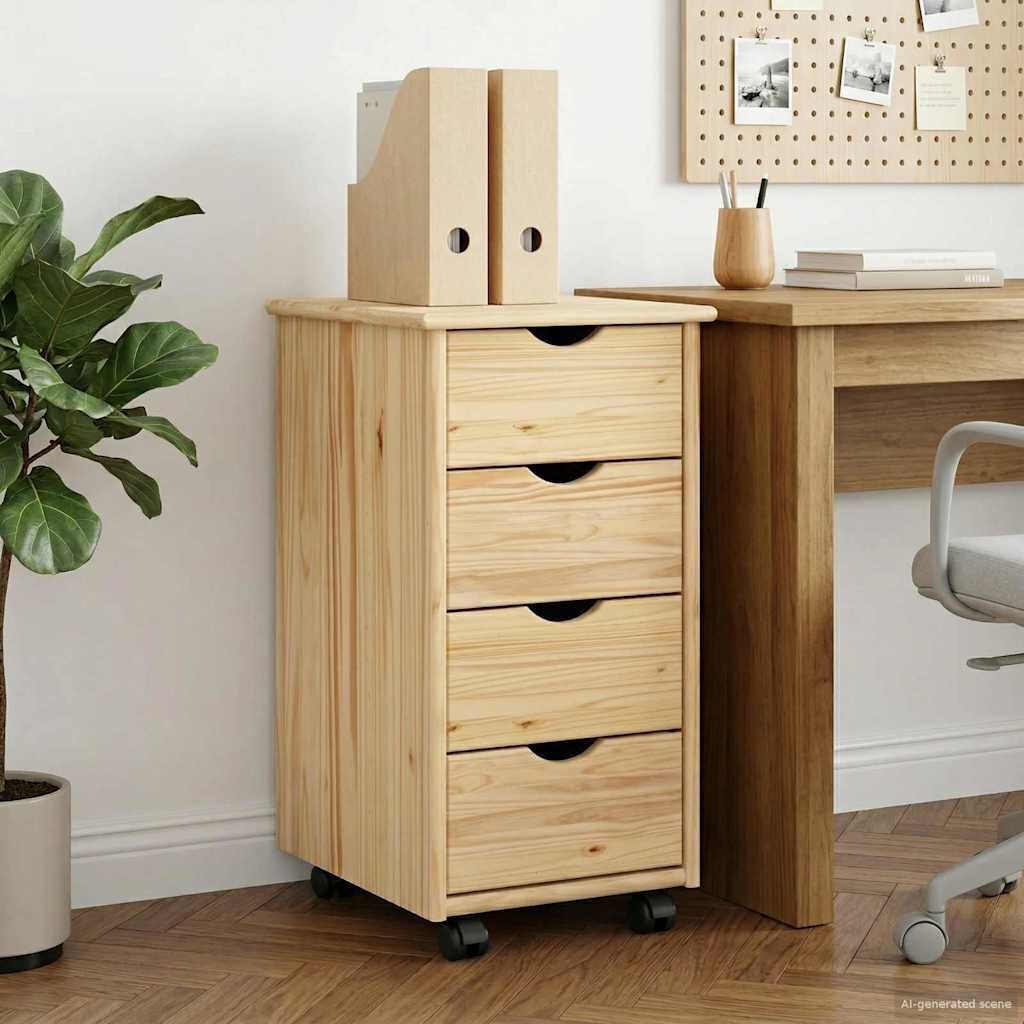 Walplus 4 Drawer Solid Pine Rolling Cabinet - Brown - 34 x 39 x 65.5 cm