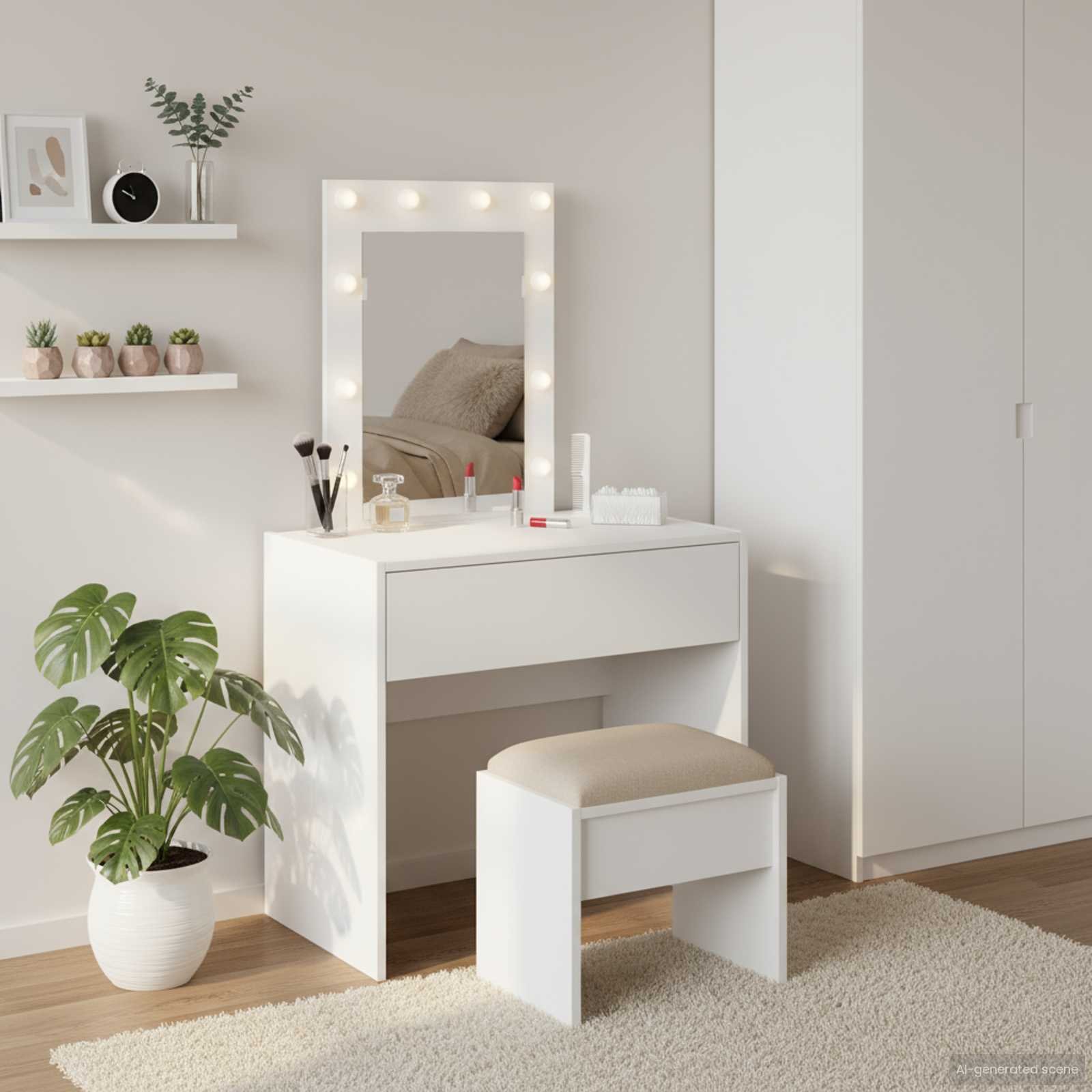 Walplus 1 Drawer Engineered Wood Vanity Dressing Table - White - 60 x 40 x 70 cm