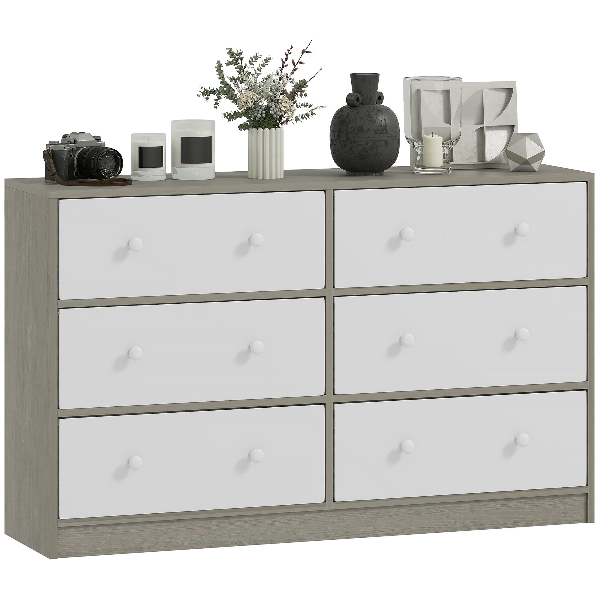 HOMCOM 6 Fabric Drawers Wide Dresser - White and Grey