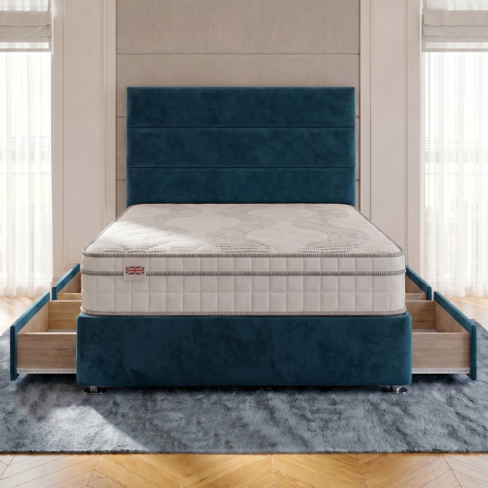 Somnior Regent Velvet Super King 4 Drawer Pocket Mattress Divan Bed Set - Navy