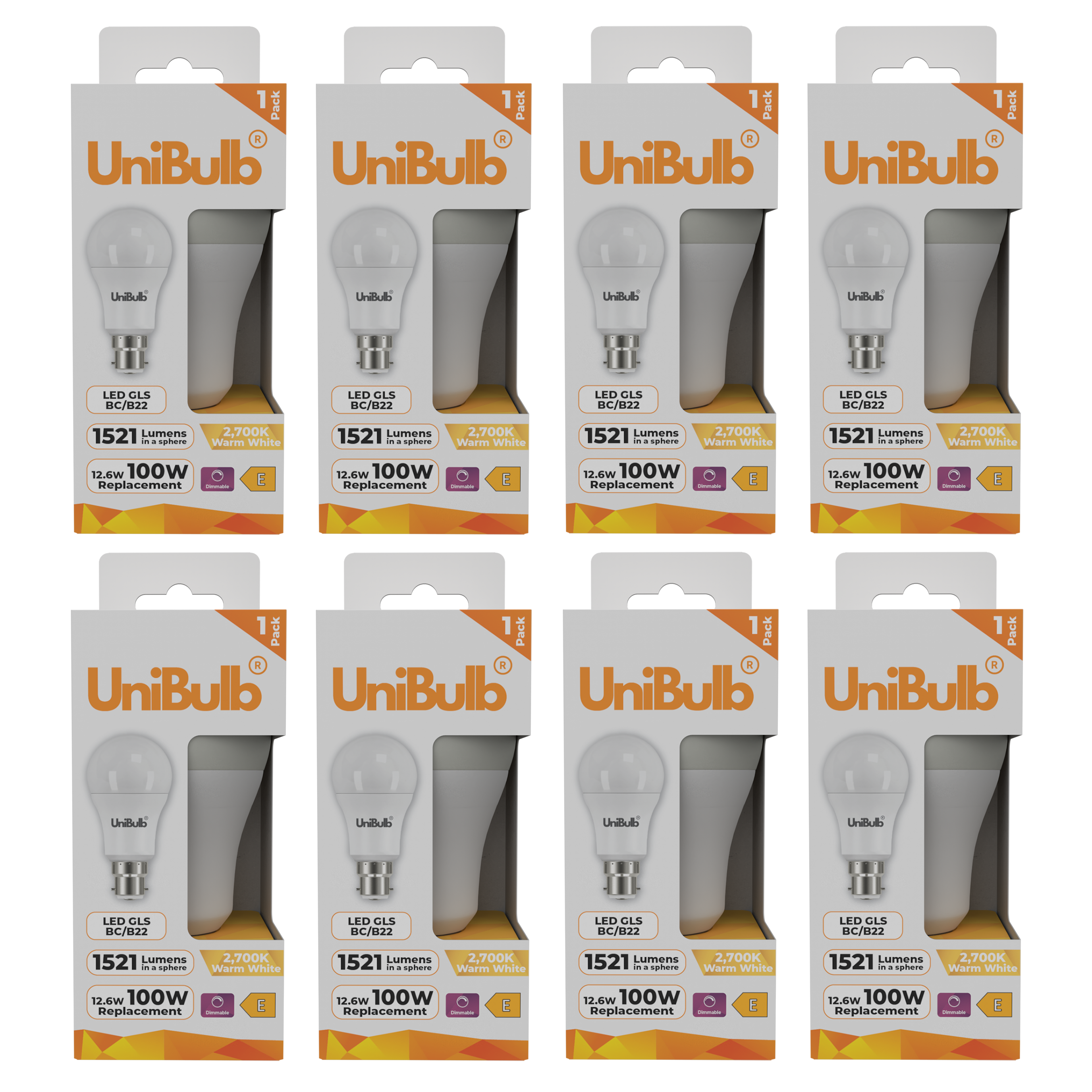 UniBulb 12.6W LED Warm White Dimmable GLS B22 Light Bulb - Pack of 8