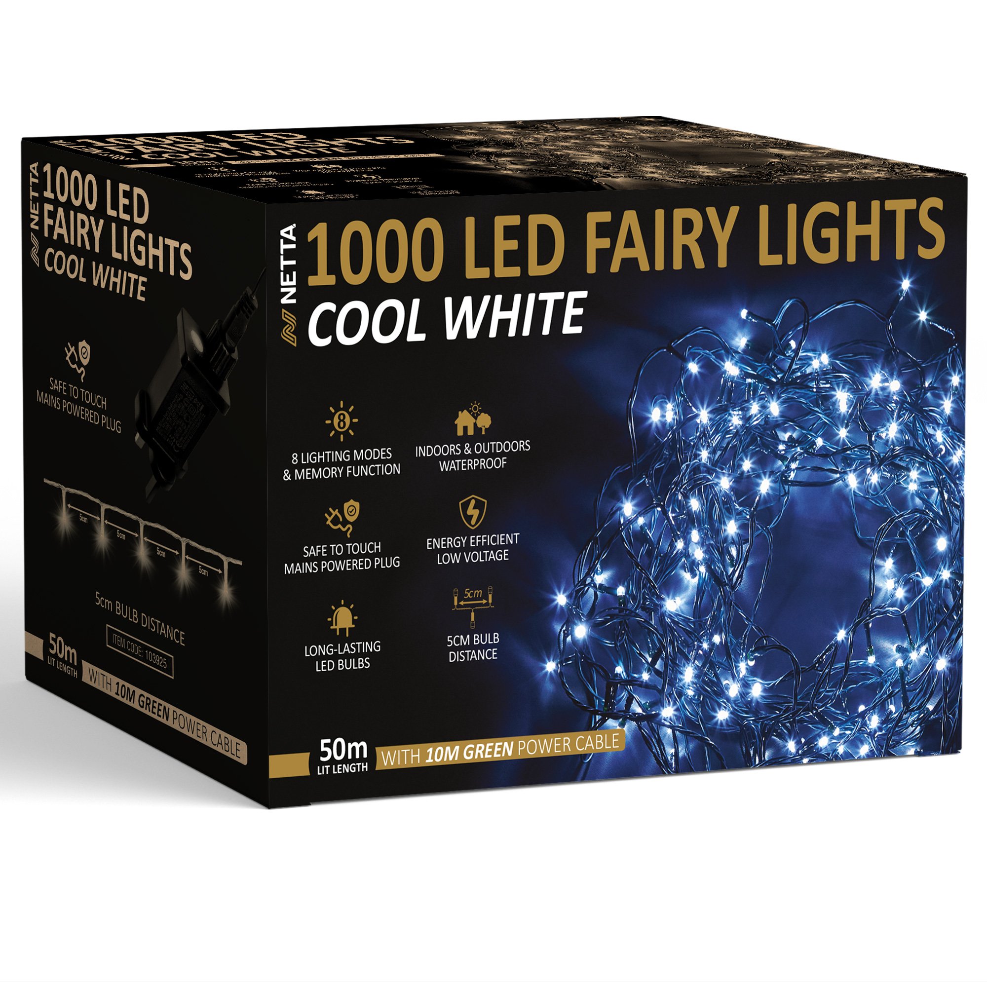 NETTA 1000 LED 50m Christmas Fairy String Lights - Cool White