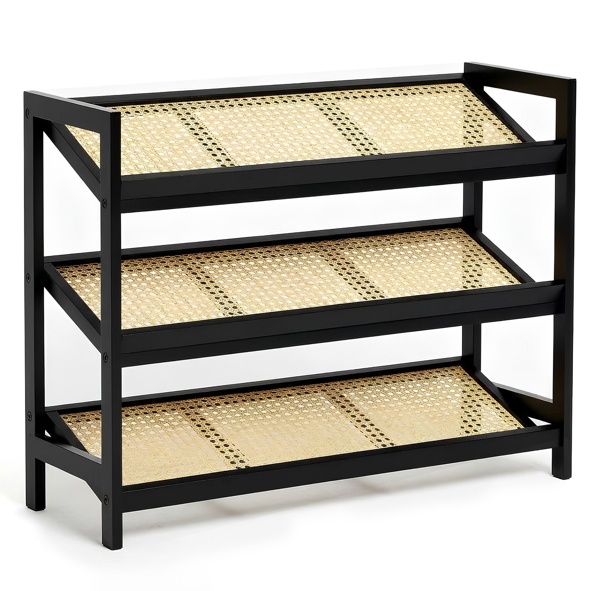 Keplin 3 Tier Bamboo & Rattan Shoe Rack - Black & Natural