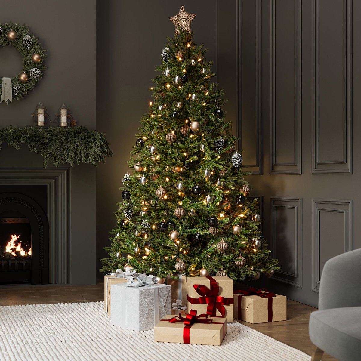 Charles Bentley Luxury 8ft Pre-Lit Faux Nordic Spruce Hinged Christmas Tree