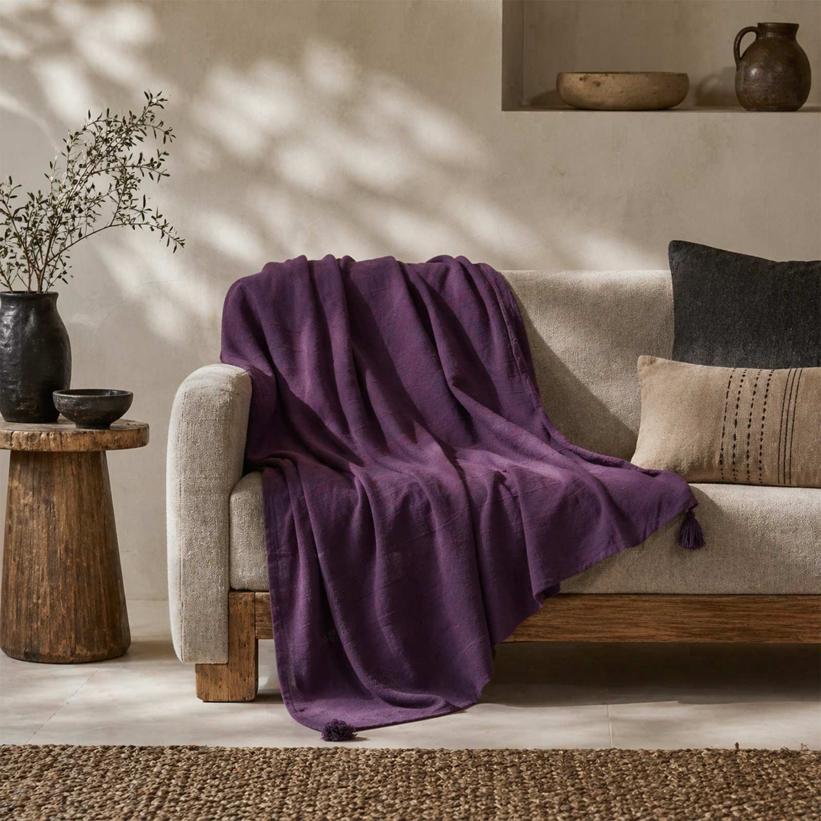 Homescapes Cotton Rajput Ribbed Throw - 255 x 360 cm - Purple