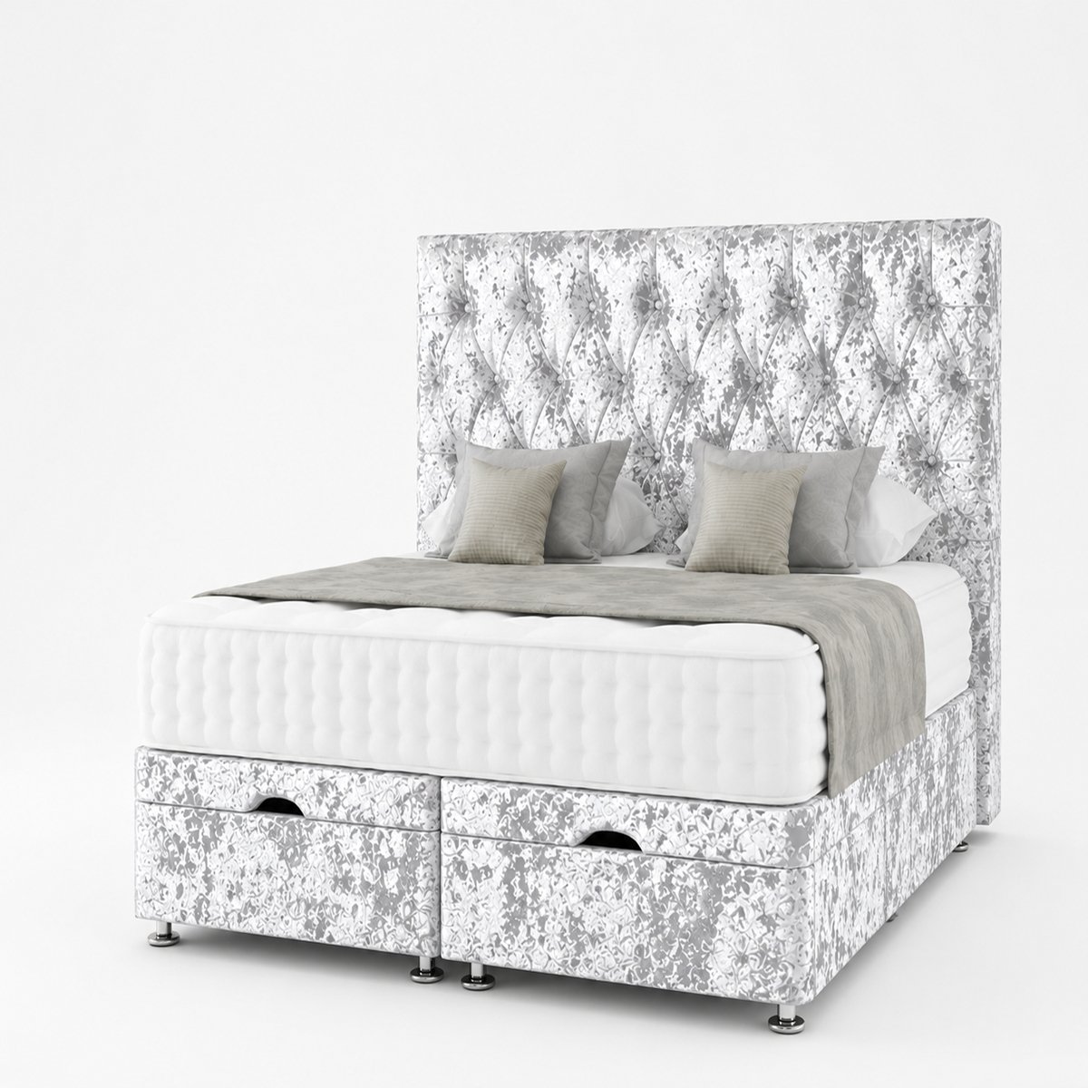 Comfy Deluxe Senna Crush Velvet 6ft  Size End Lift Ottoman Bed Set - White