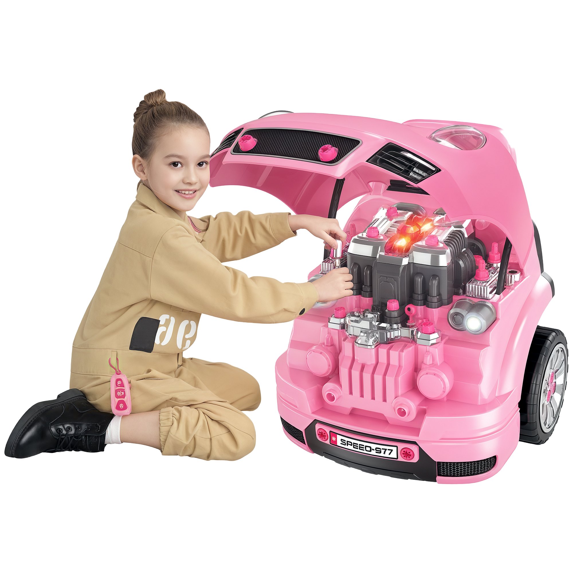 HOMCOM RC Car Key Steering Horn Light Kids Truck Engine Toy Set - Pink