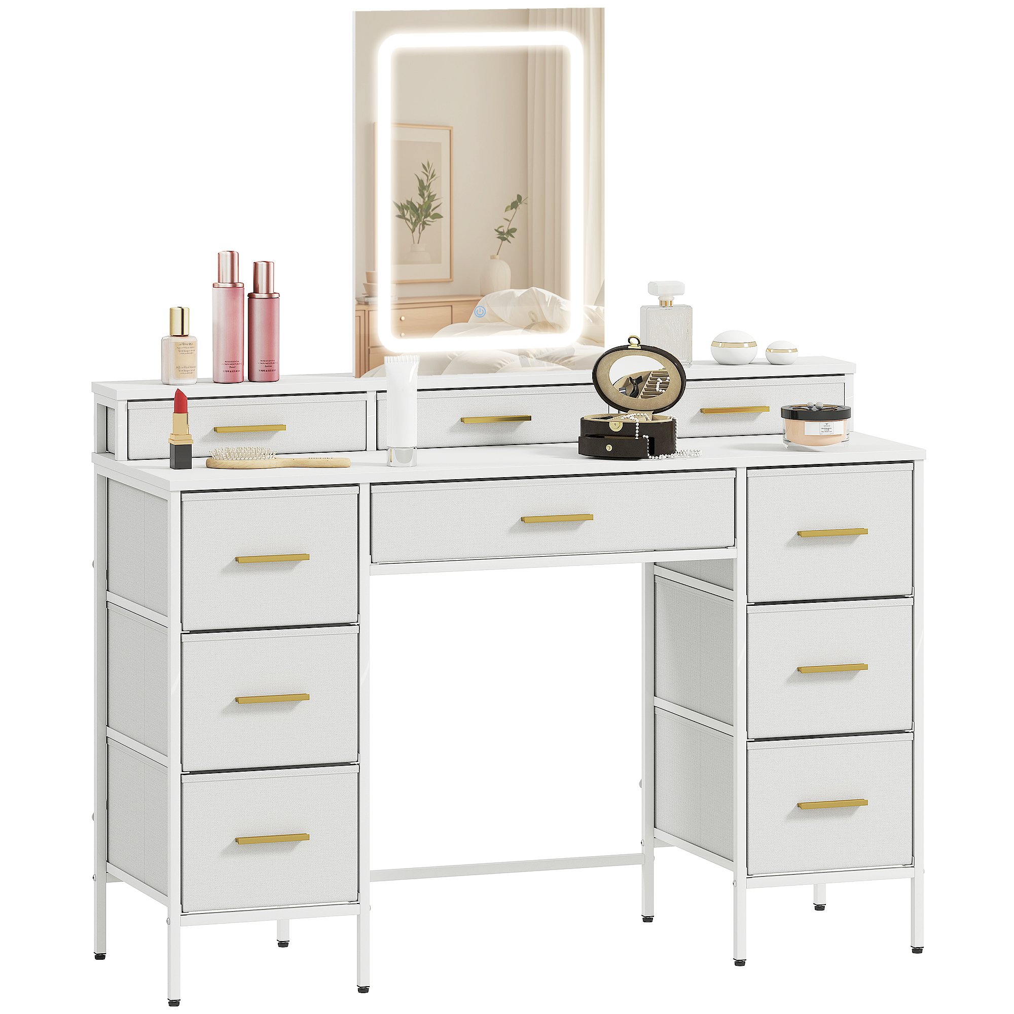 HOMCOM Dressing Table with LED Light Mirror and 10 Fabric Drawers - White