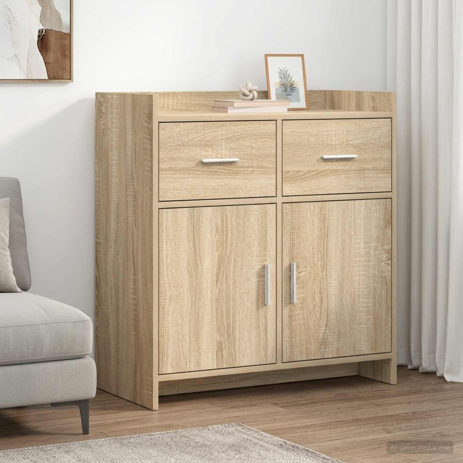 Walplus 2 Drawer Rectangular Sideboard - Sonoma Oak - 75 x 36 x 80 cm