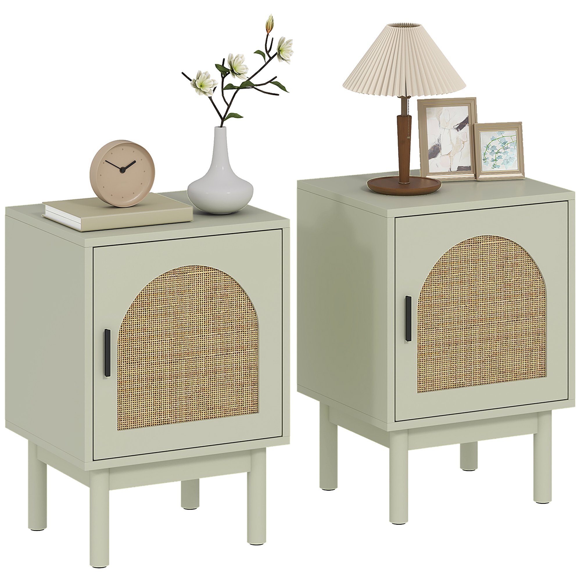 HOMCOM Set of 2 MDF and Rattan Adjustable Shelf Bedside Tables – Light Green