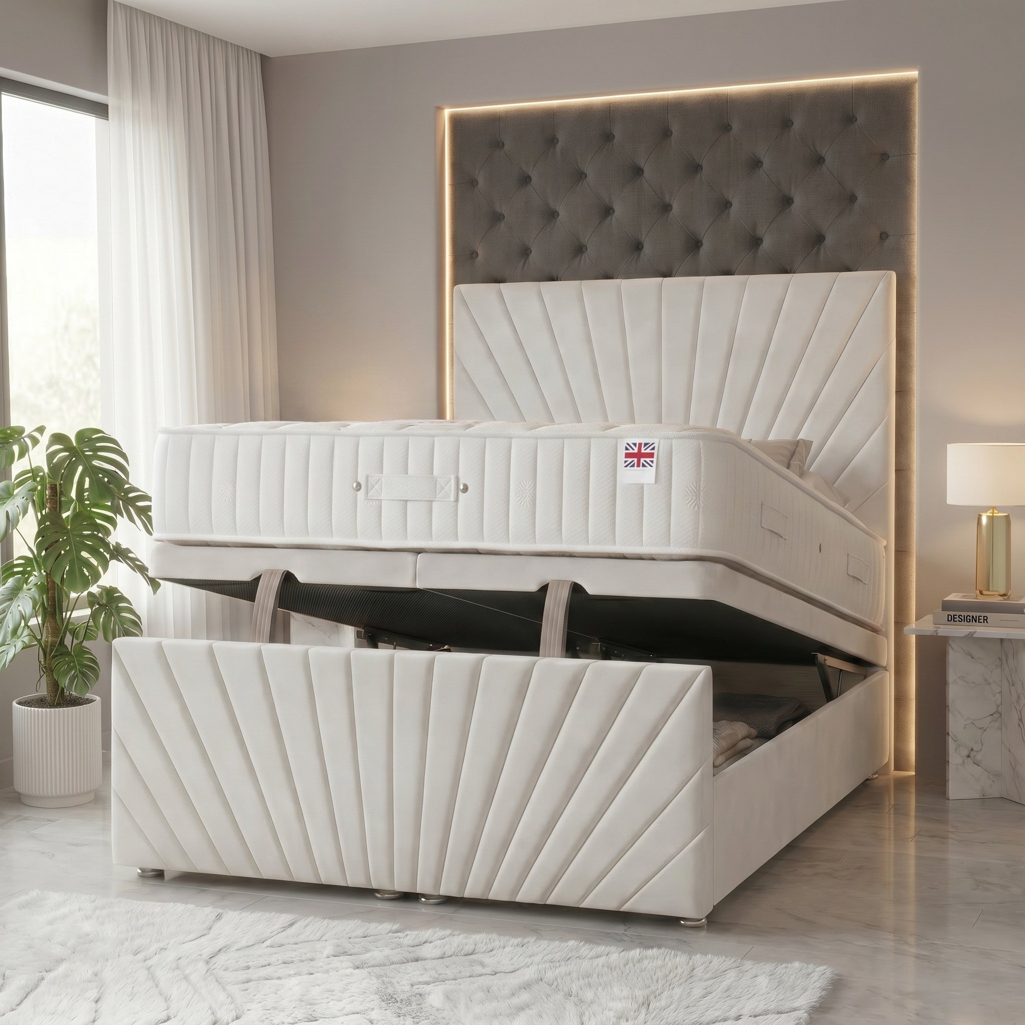 Somnior Velvet Small Double Ottoman Divan Bed with Memory Mattress - White