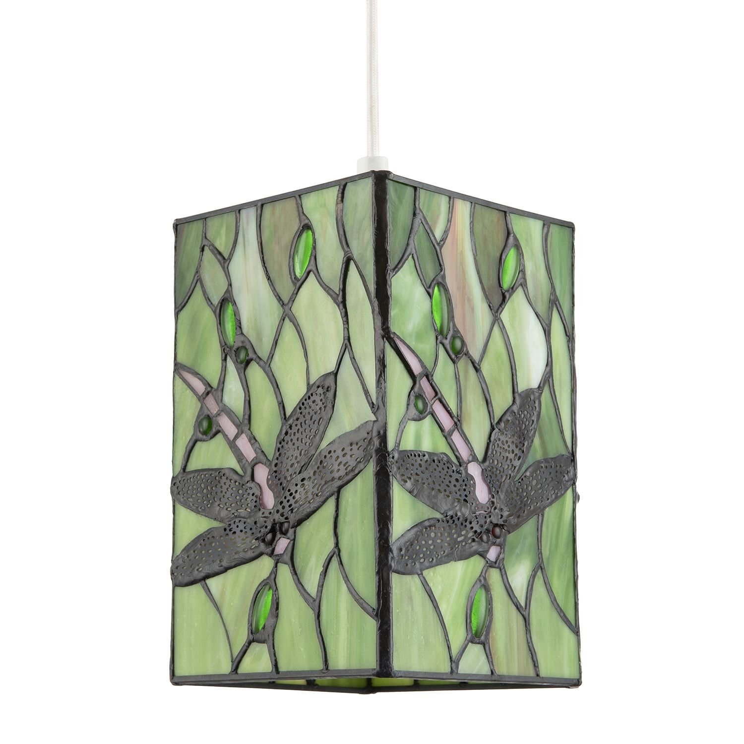 Happy Homewares Green Stained Glass Dragonfly Rectangular Pendant Shade - 13cm