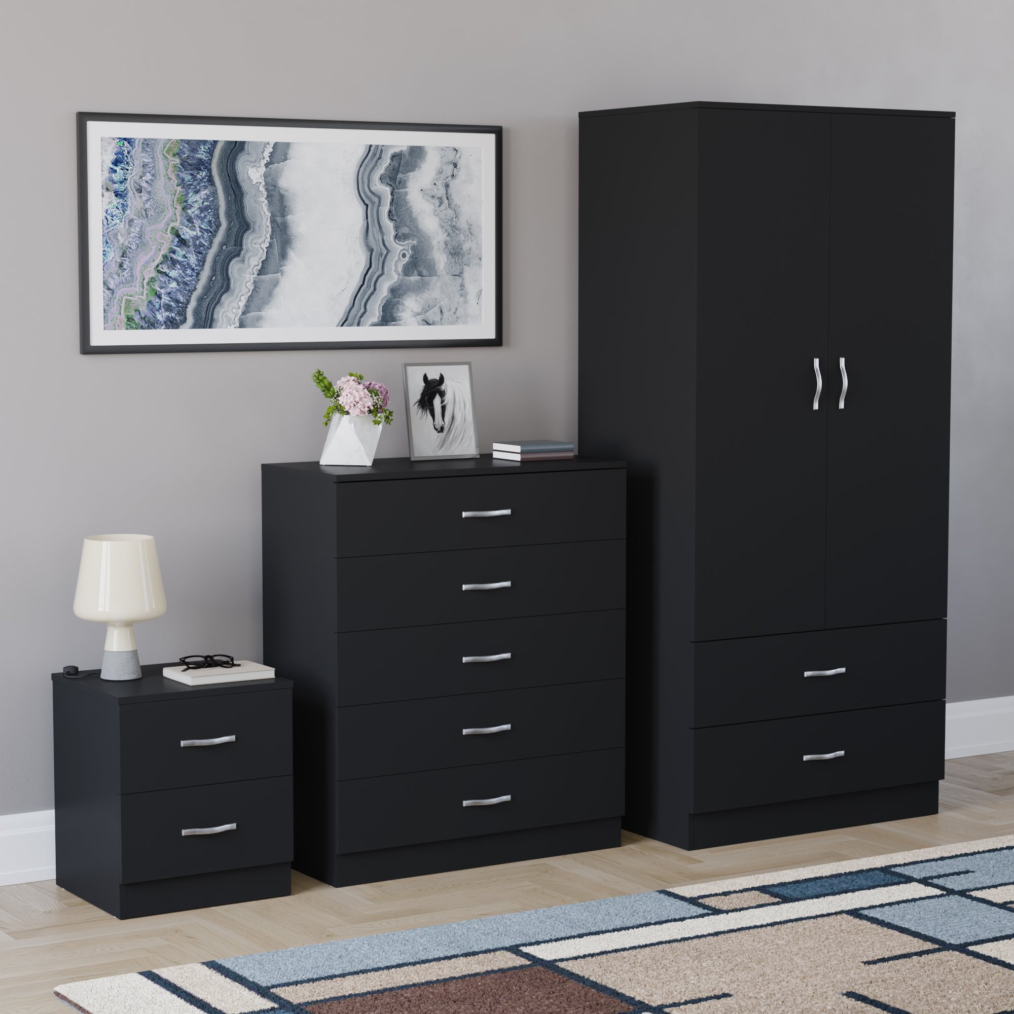 Vida Designs Riano Bedroom Set (Bedside, 5 Drawer Chest, 2x2 Wardrobe) - Black