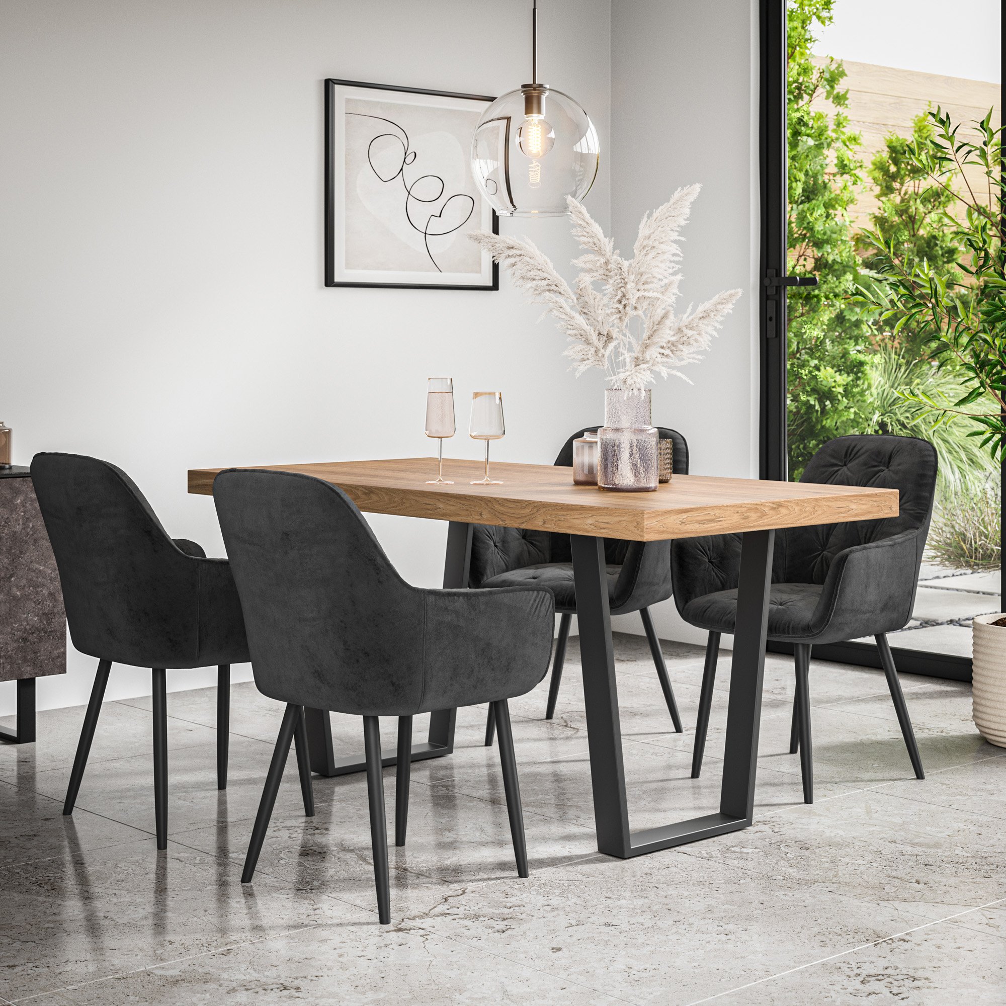 Furniture Online Aria Anika Oak Effect Dining Table & 4 Black Chairs
