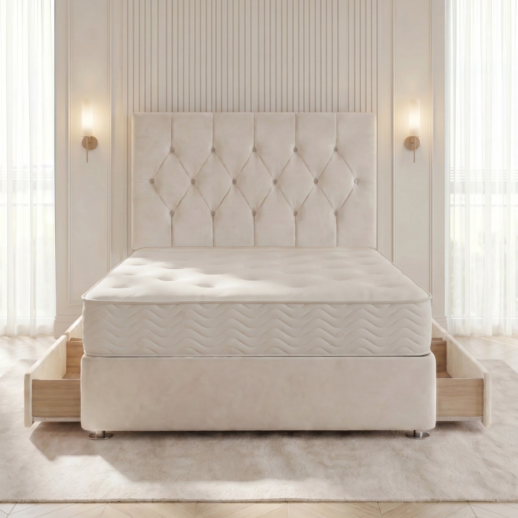 Somnior Chester Velvet Small Double 4 Draw Open Coil Divan Bed Set - Ivory