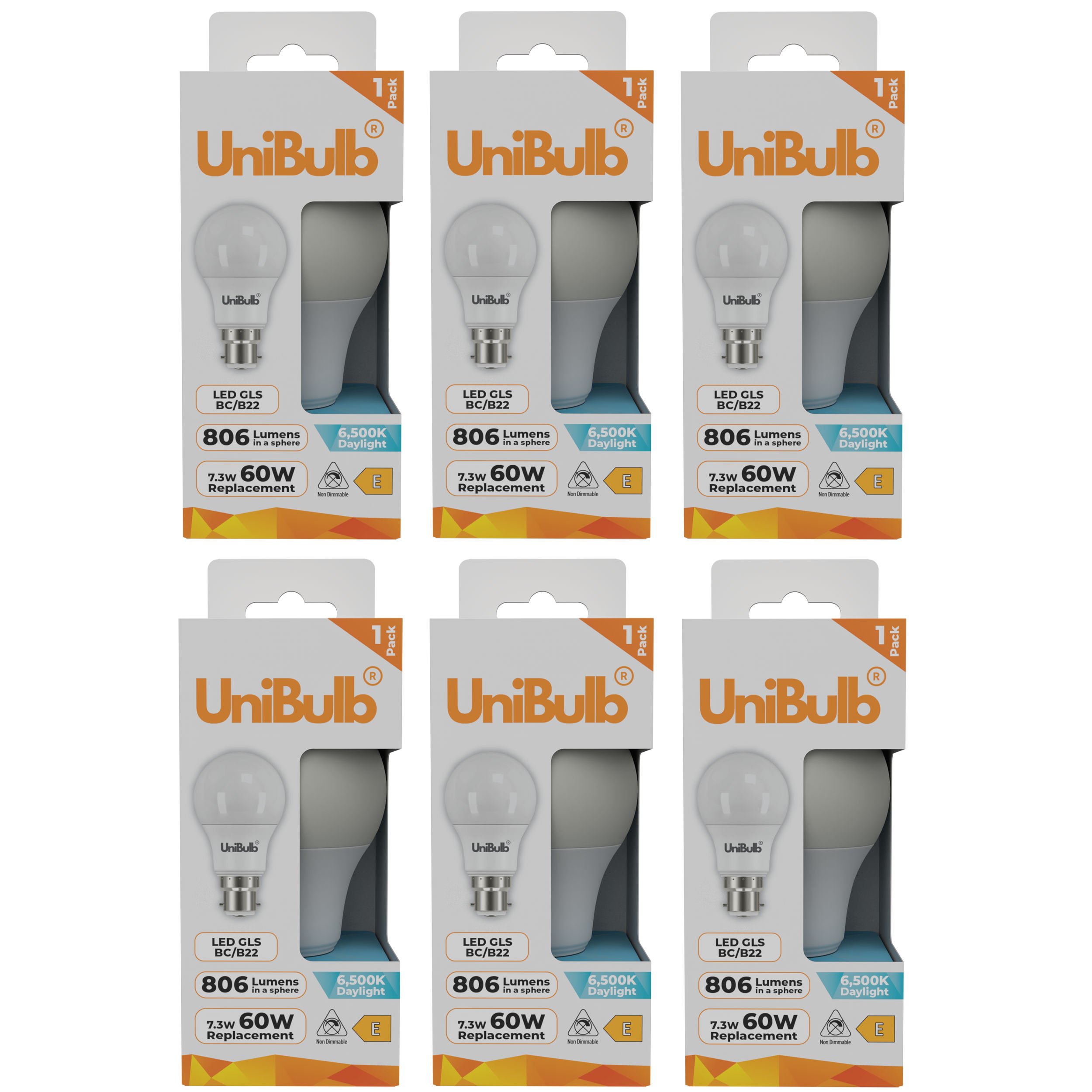UniBulb 7.3W LED Daylight GLS B22 Light Bulb - Pack of 6