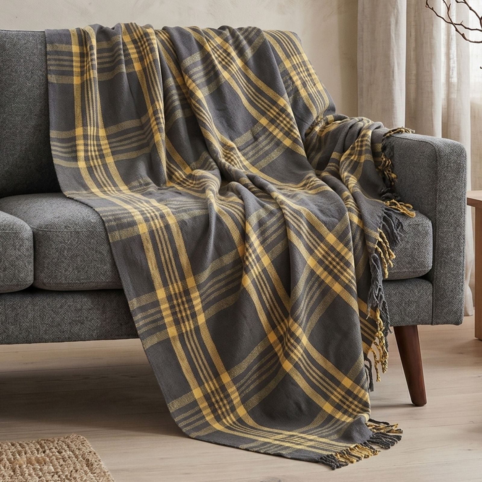 Homescapes Cotton Tartan Throw - 150 x 200 cm - Grey and Yellow