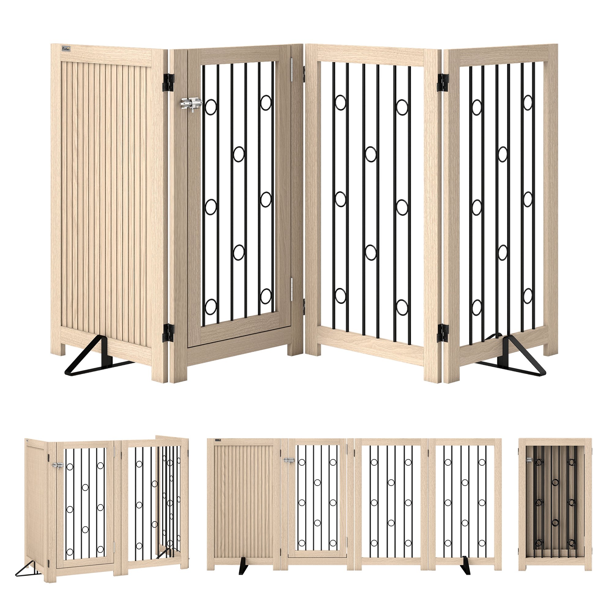 PawHut 4-Panel Foldable Lockable Door Pet Gate - 205cm - Oak