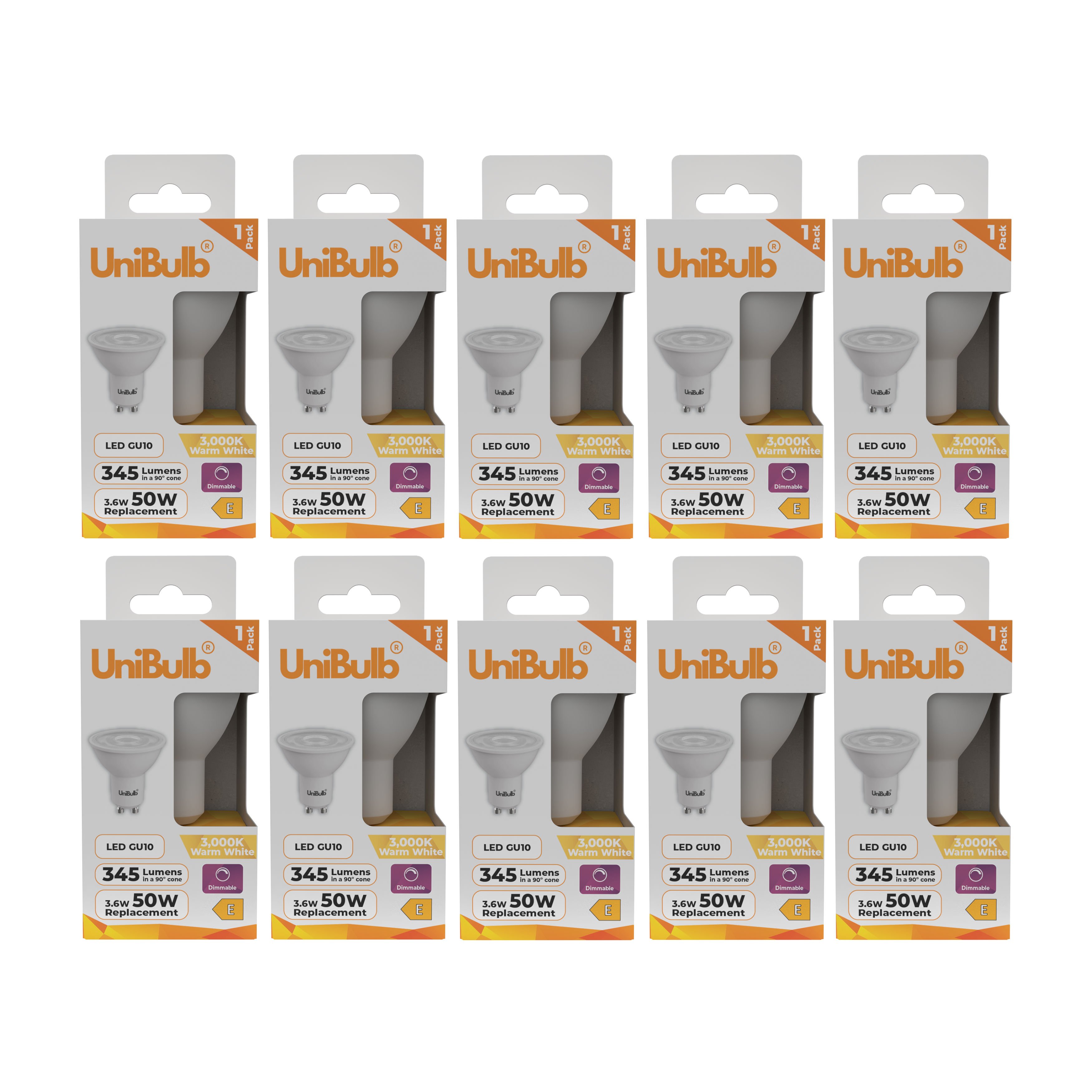 UniBulb 3.6W LED Warm White Dimmable Spotlight GU10 Light Bulb - Pack of 10
