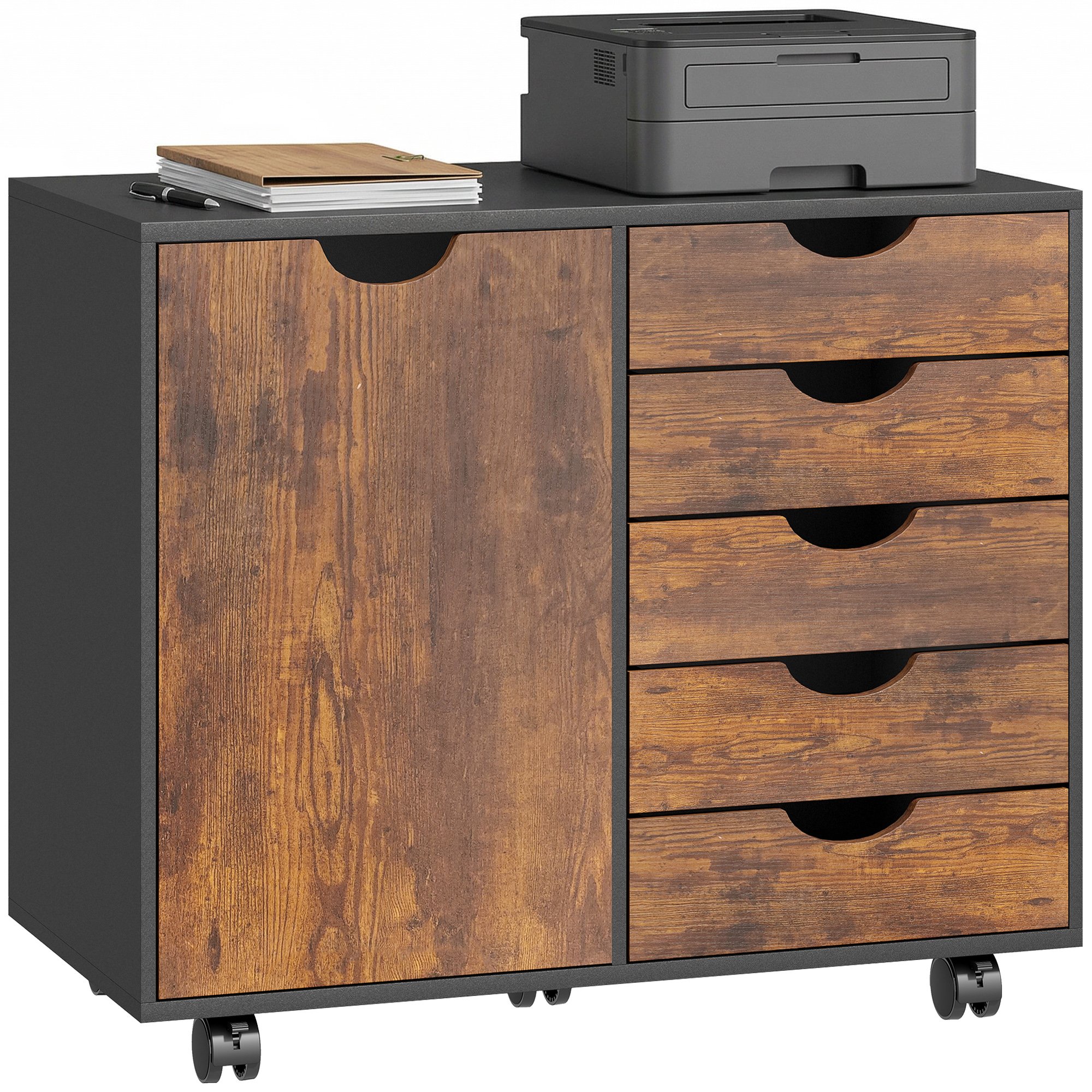 HOMCOM 5 Drawers Lateral Office Storage Cabinet on Wheels - Rustic Brown