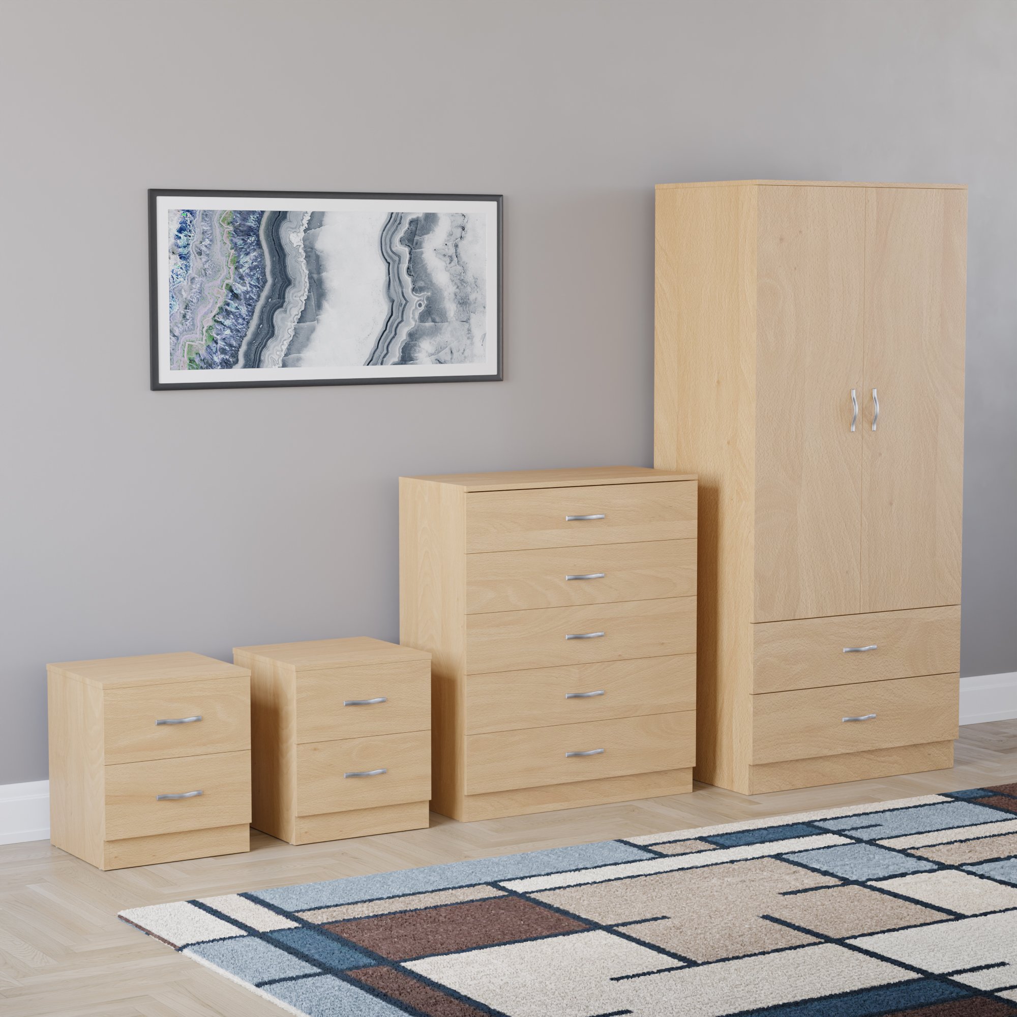 Vida Designs Riano Bedroom Set (Bedsides, 5 Drawer Chest, 2x2 Wardrobe) - Pine