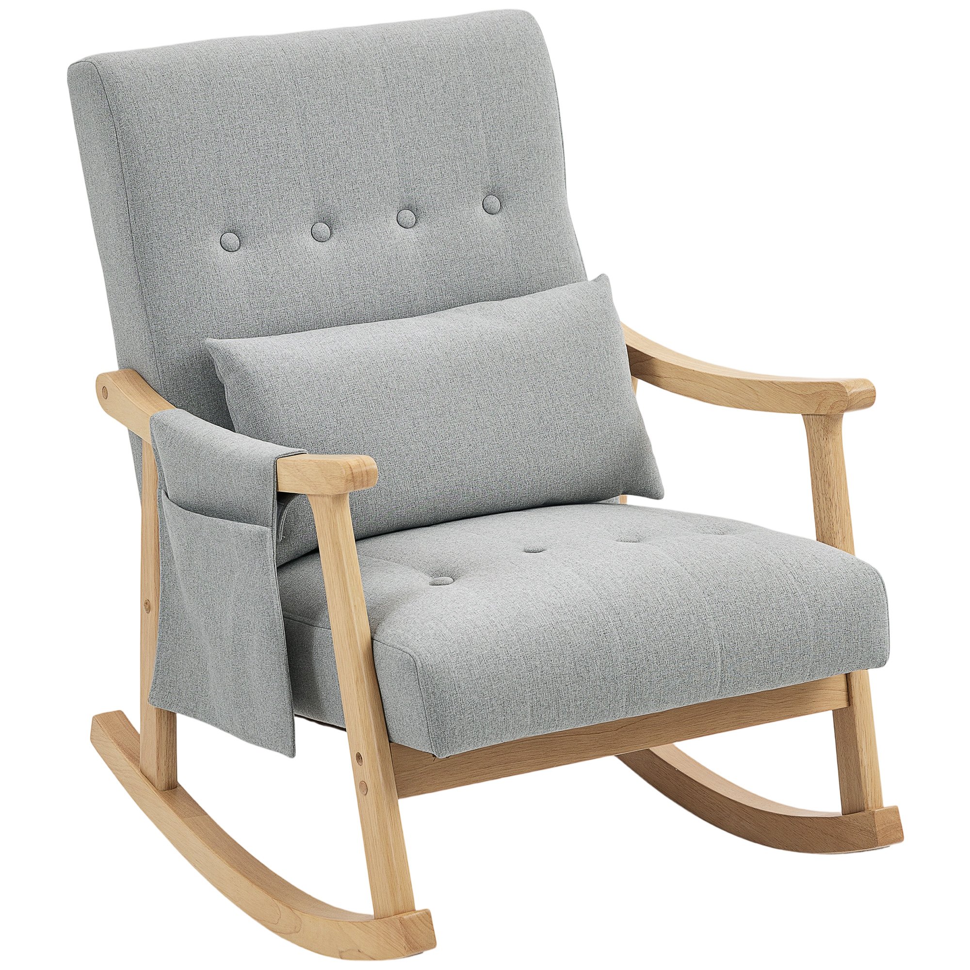 HOMCOM Upholstered Rocking Chair with Lumbar Pillow and Pocket - Light Grey