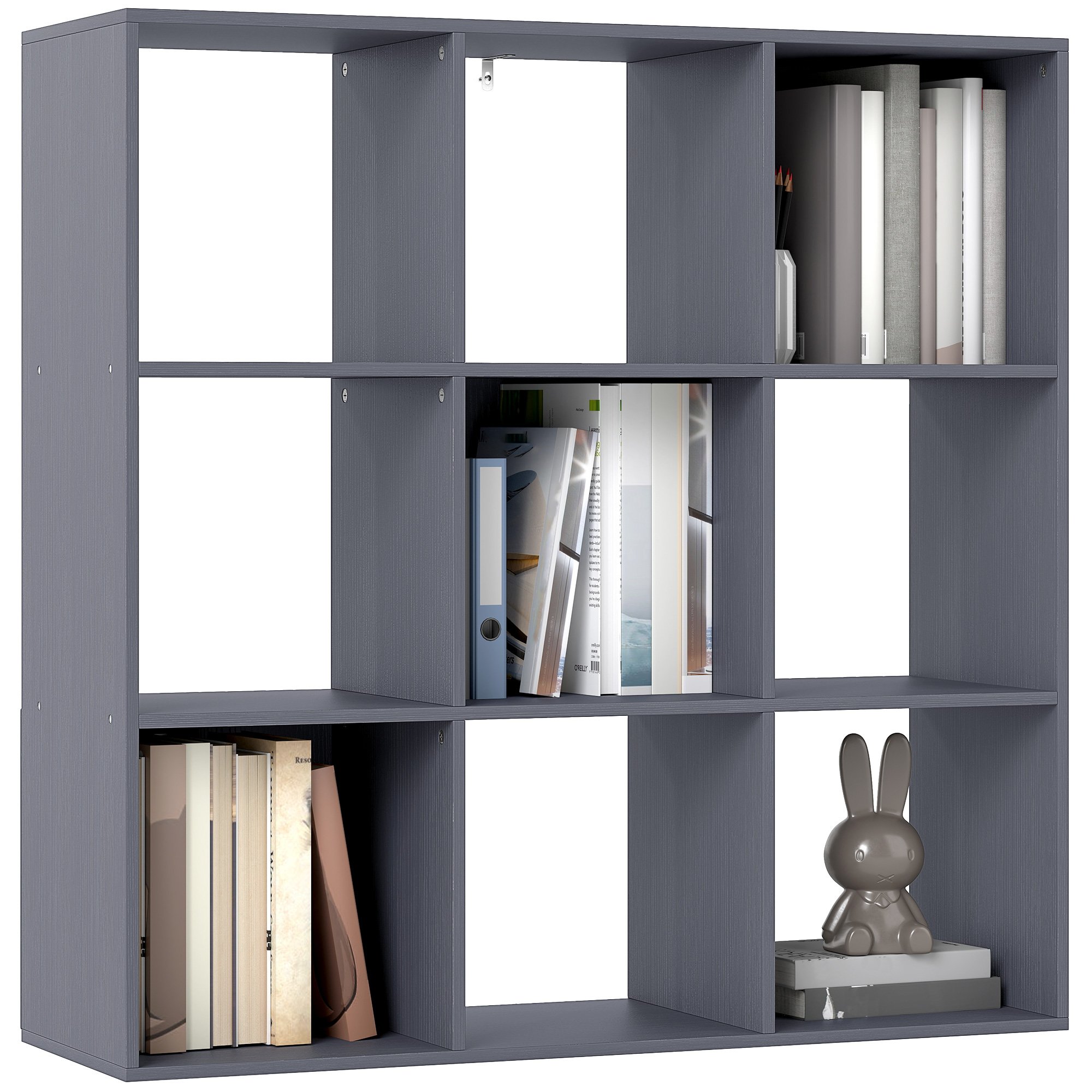 HOMCOM 3 Tier Modern Cube Bookcase with 9 Open Storage Compartments - Grey