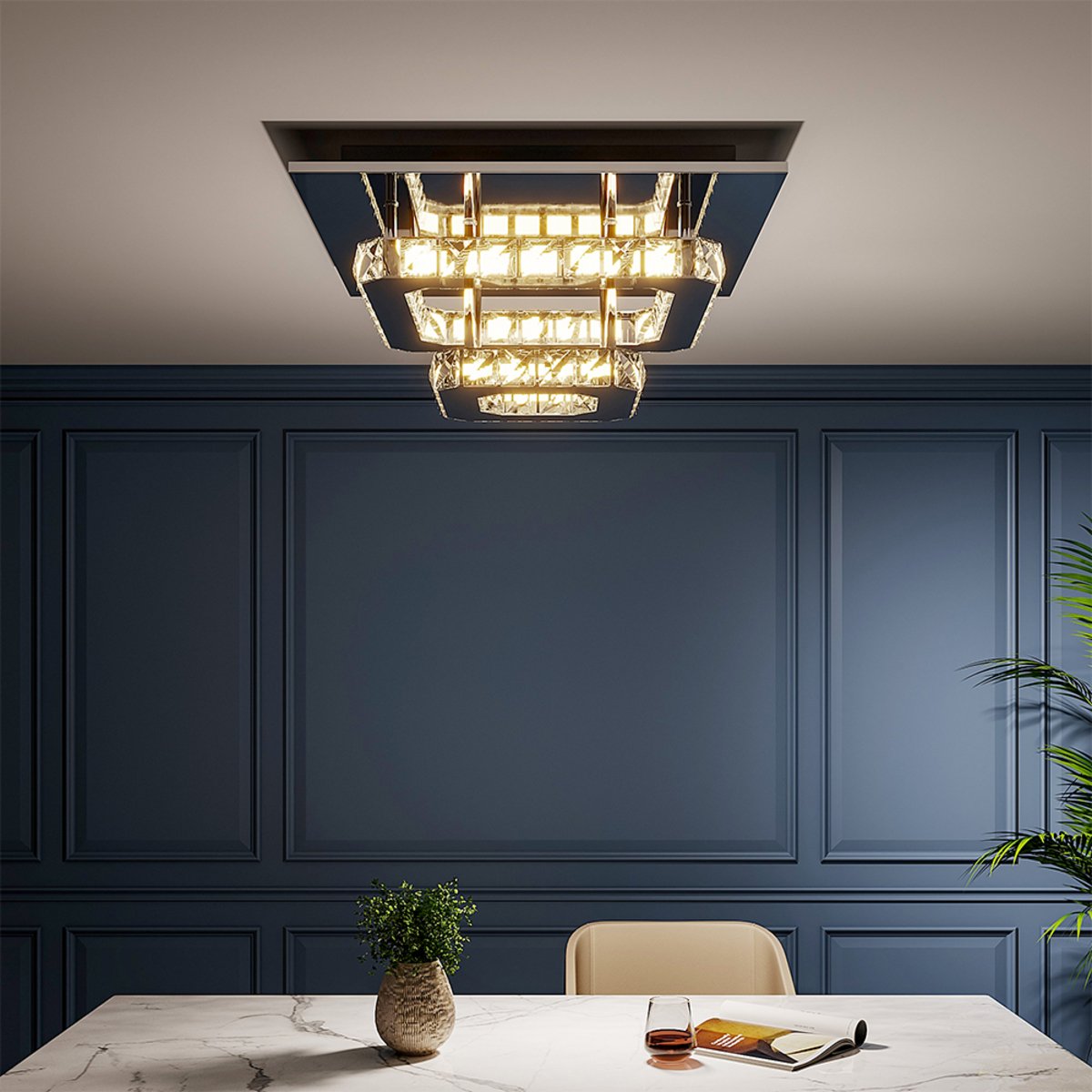 Living and Home Double-Tier Crystal LED Ceiling Light - Chrome