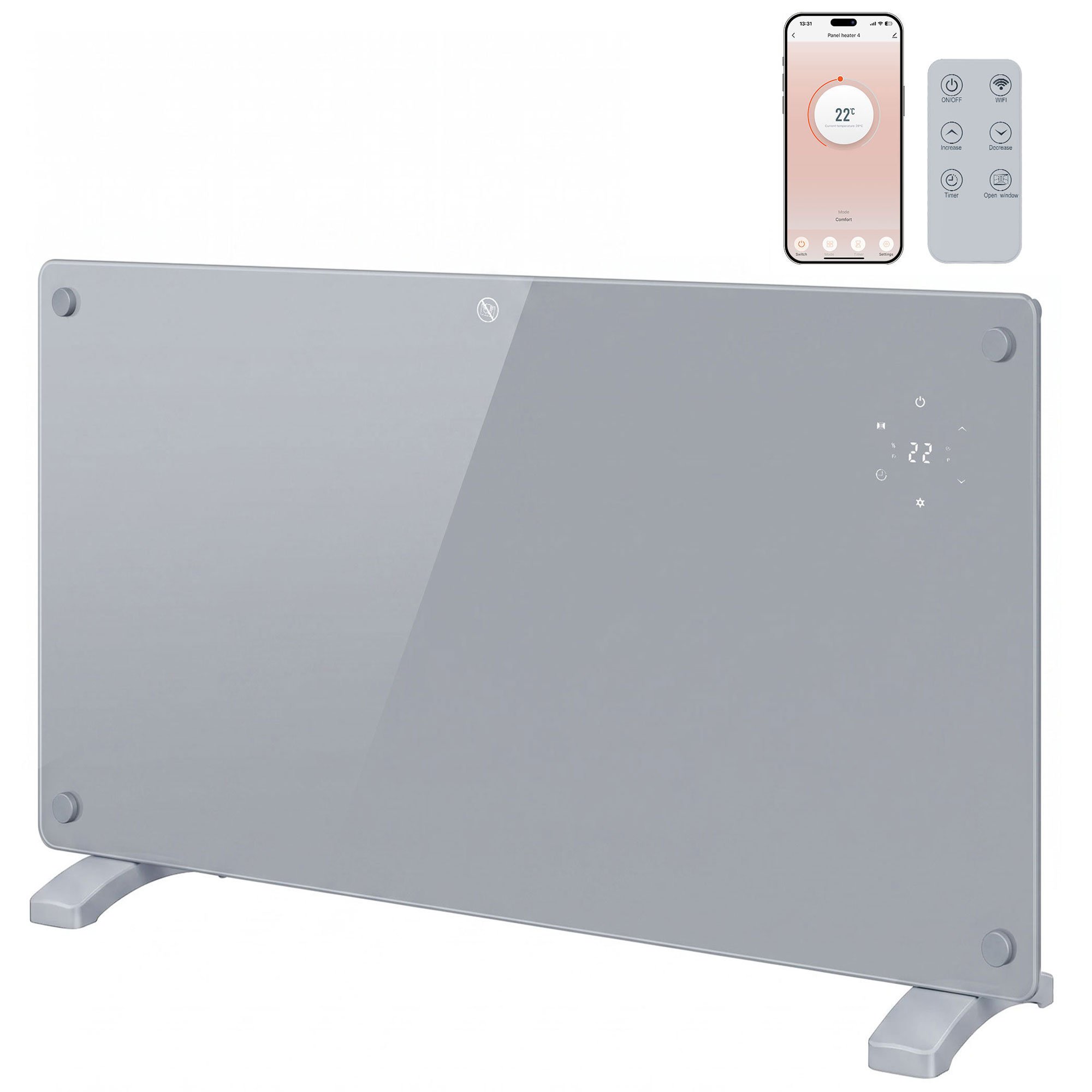 HOMCOM 1500W Smart Glass Panel Heater With Alexa and Google Home - Grey