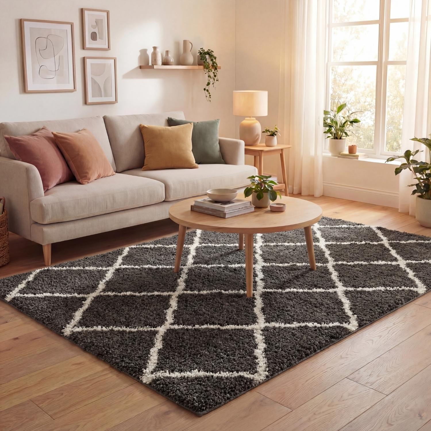 The Rugs Dark Grey Moroccan Shaggy Lattice Rug - 60 x 110cm
