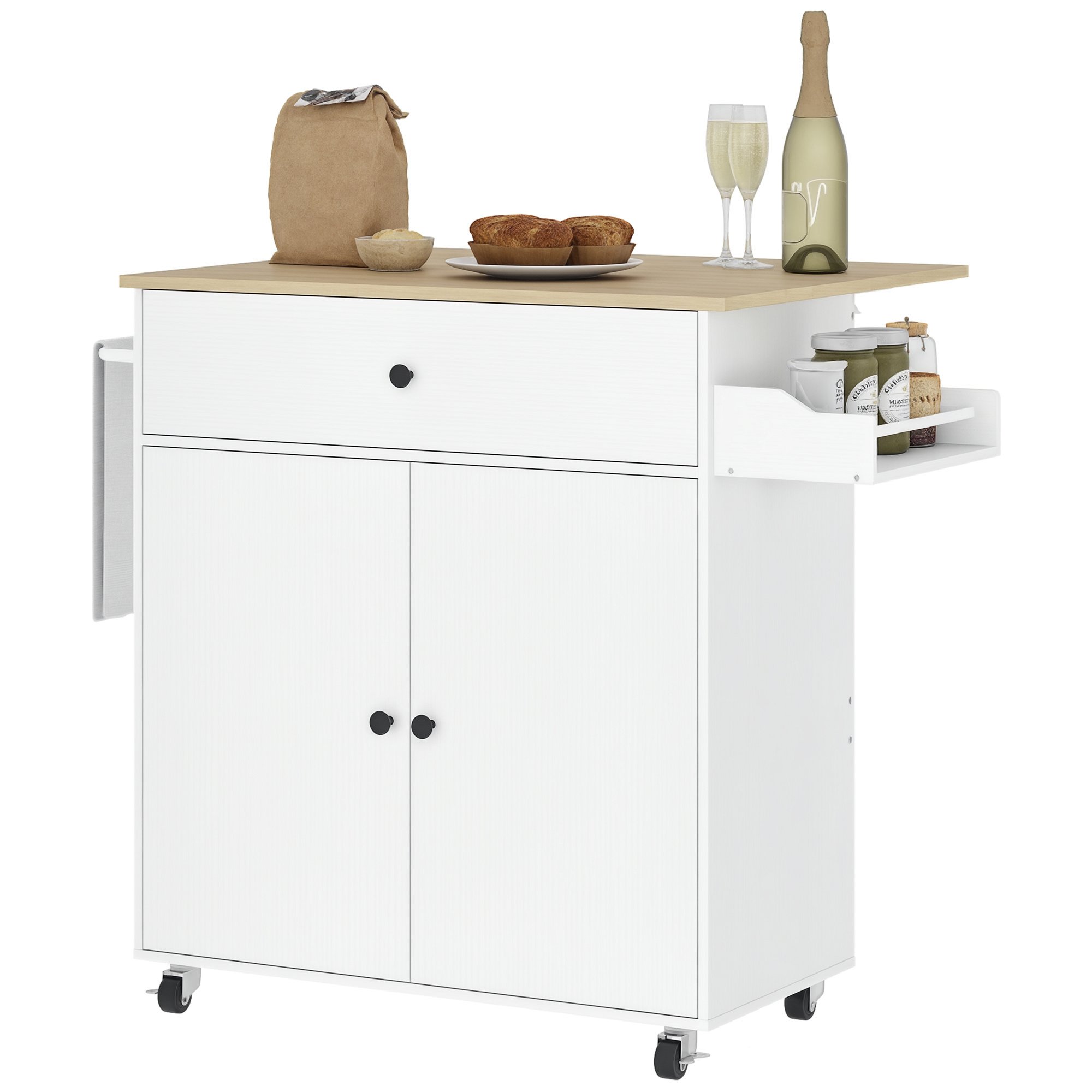 HOMCOM Rolling Drop Leaf Kitchen Island with Adjustable Shelf - White