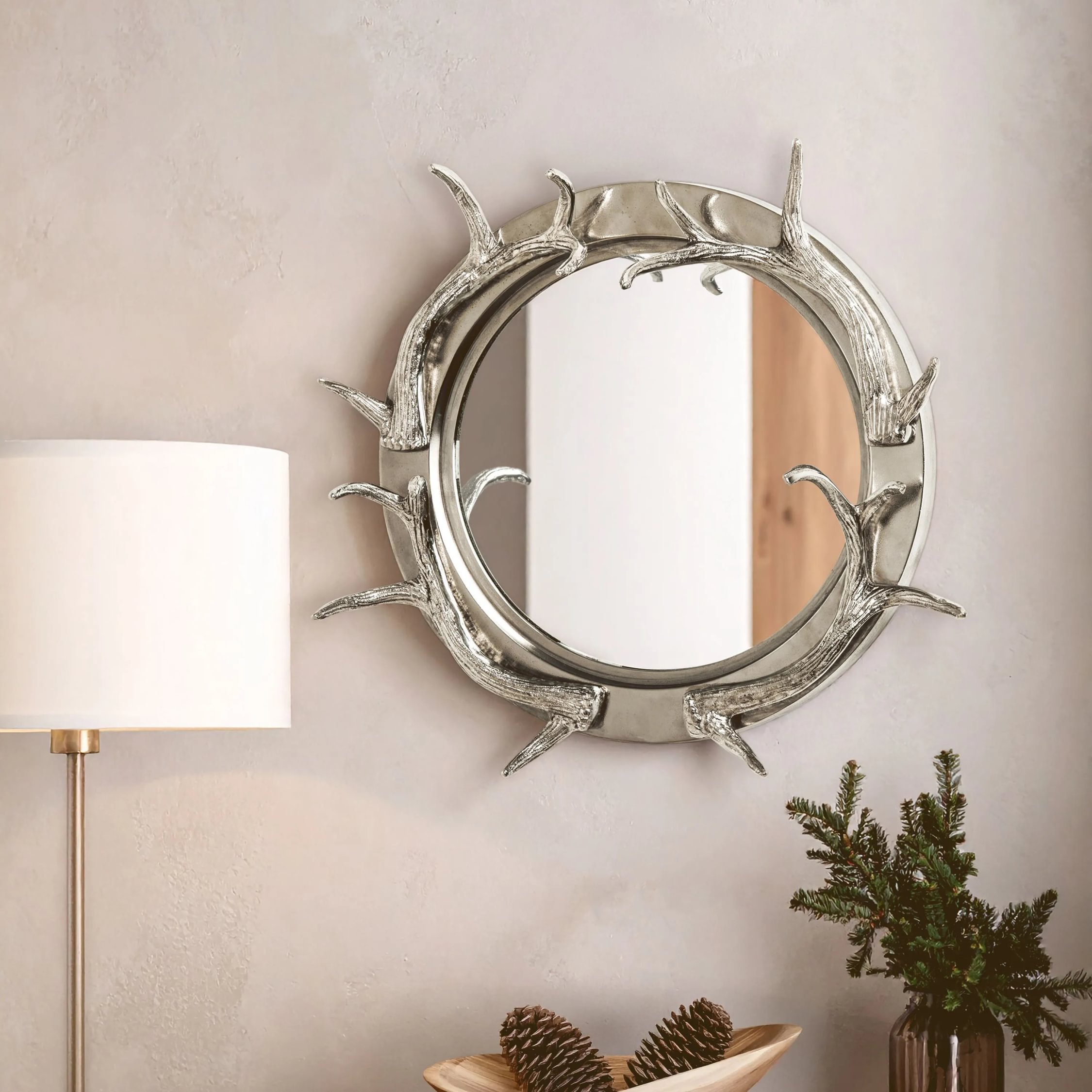Orsina Antler Nickel Finish Round Wall Mirror – Silver