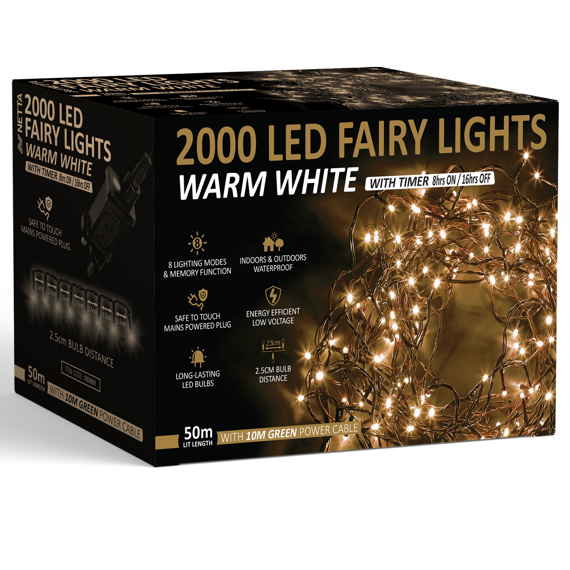 NETTA 2000 LED 50m Christmas Fairy String Lights with Timer - Warm White