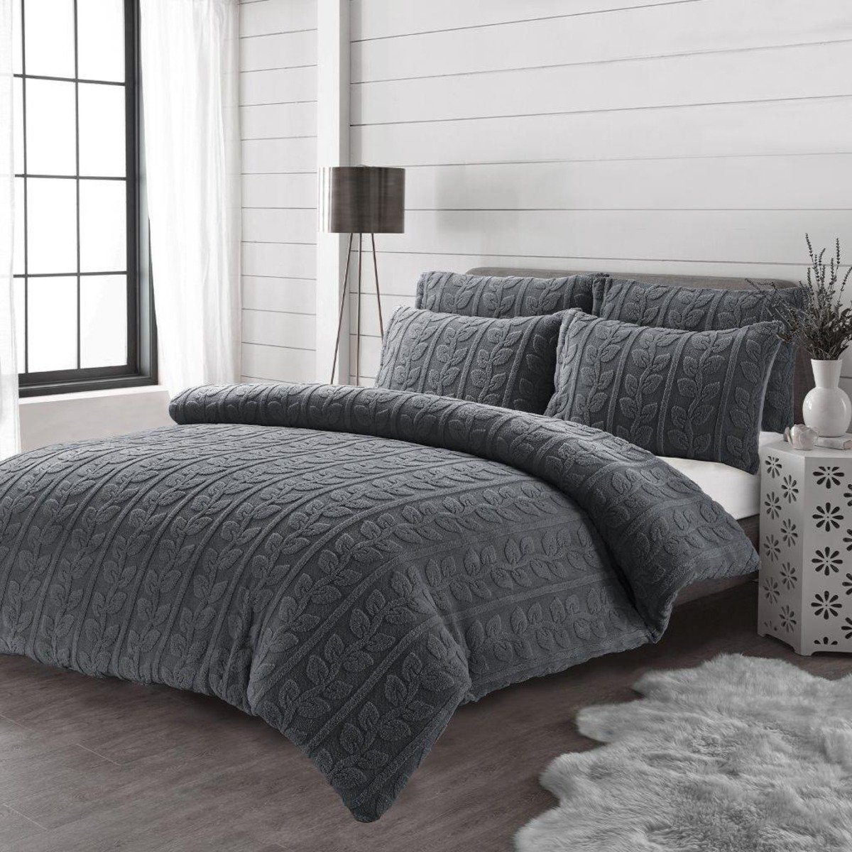 HomeSpace Direct Leaves Teddy Grey Duvet Cover Set - King