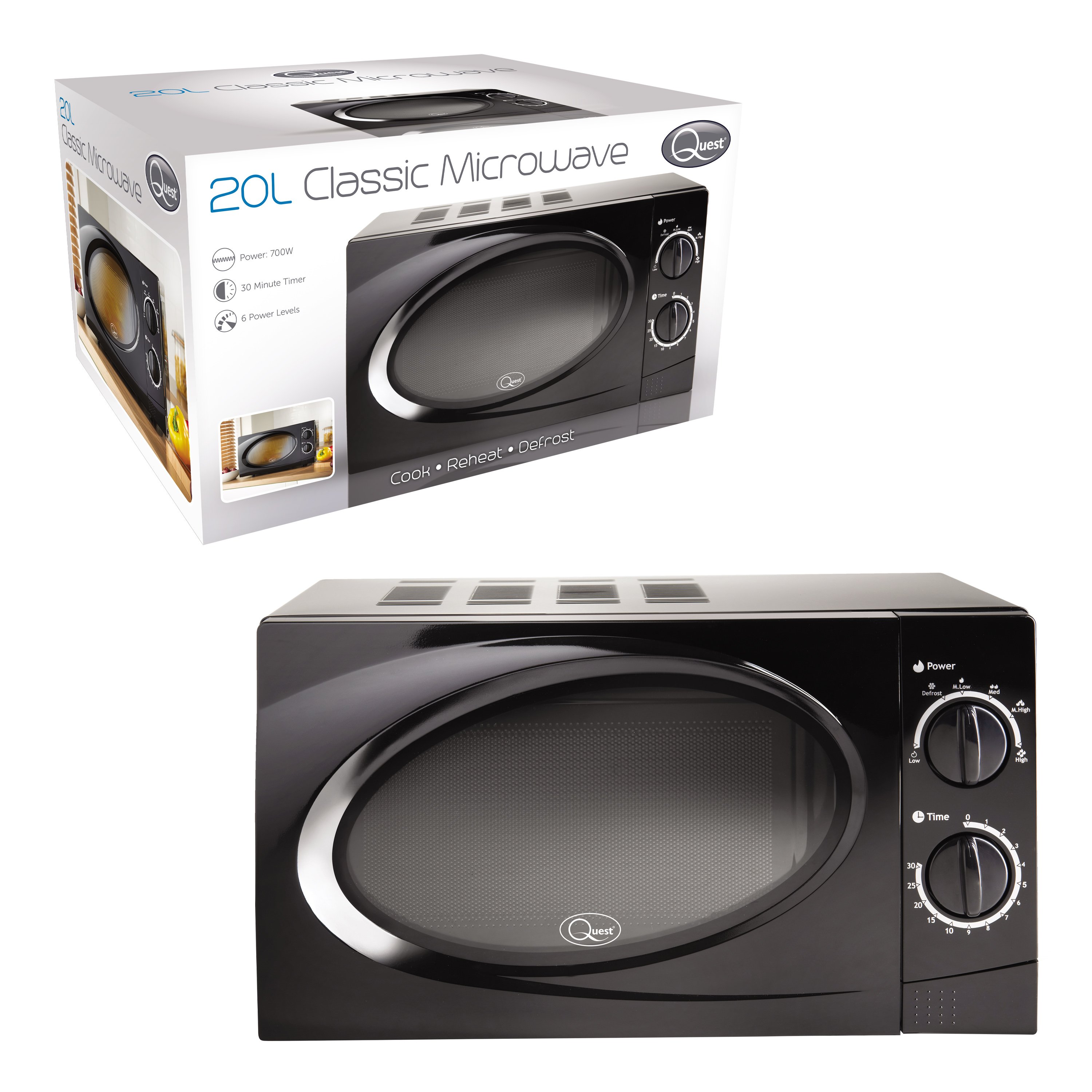 Quest 20L Microwave With 6 Power Levels  700W - Black