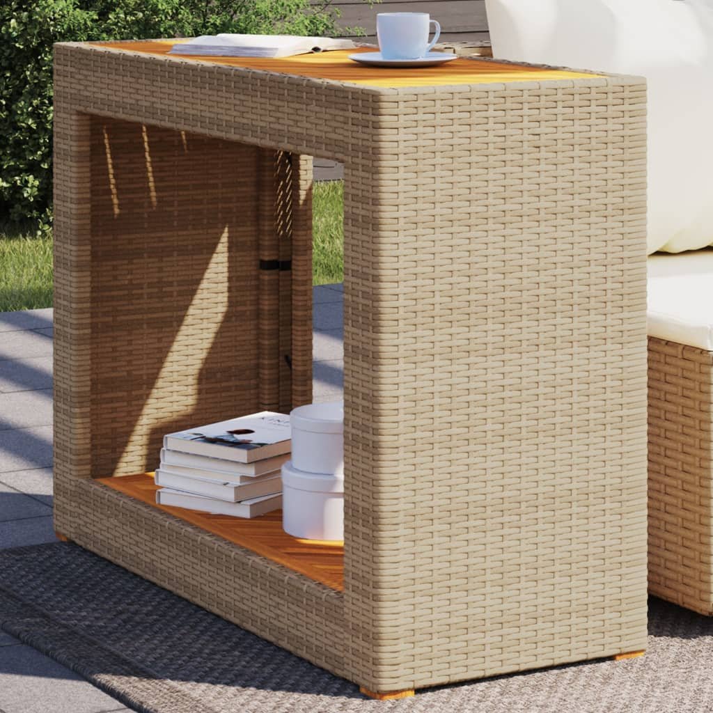 Walplus Poly Rattan Garden Side Table with Wooden Top - Beige - 100 x 40 x 75 cm