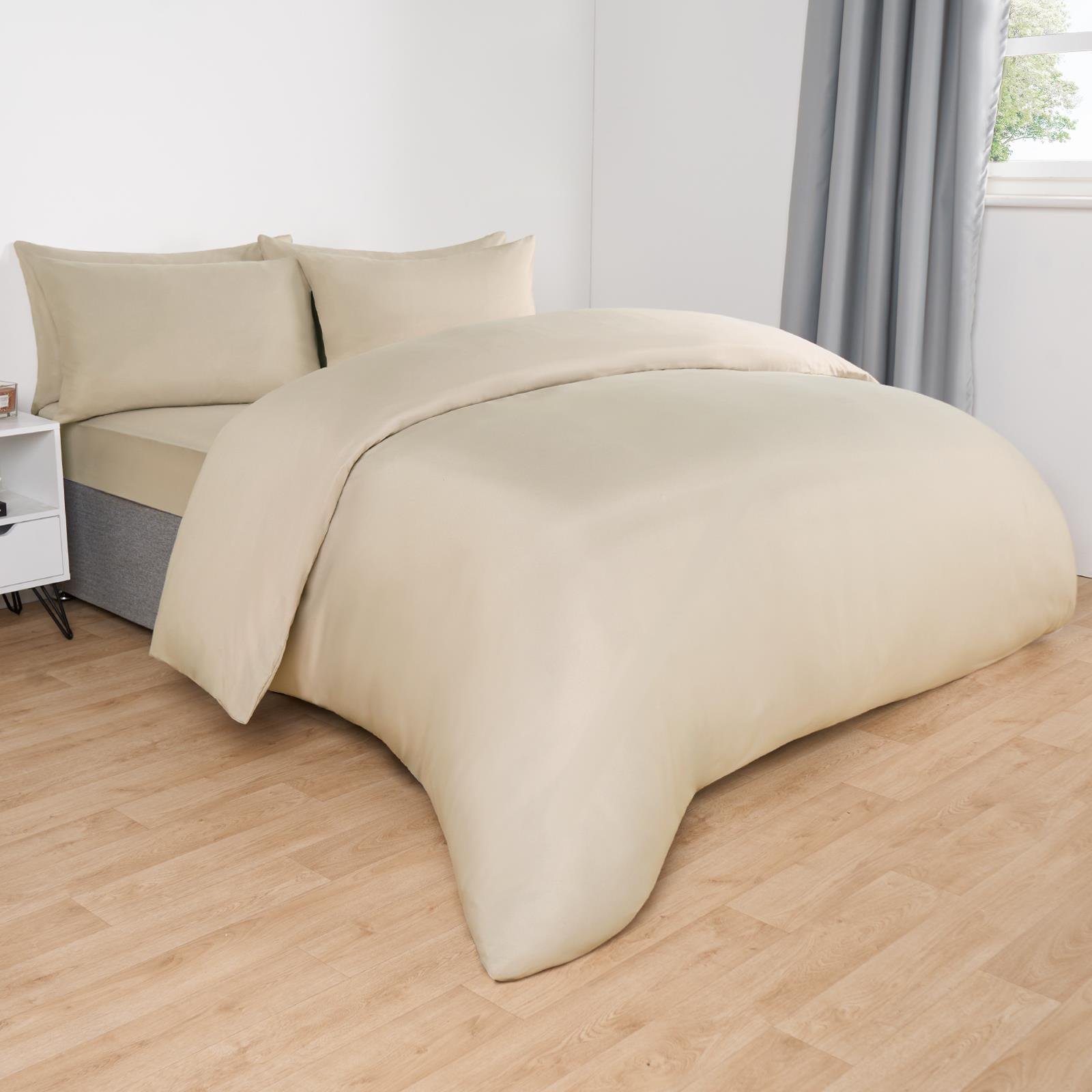 OHS Plain Dyed Microfibre Duvet Cover Set Bedding Stone - Double