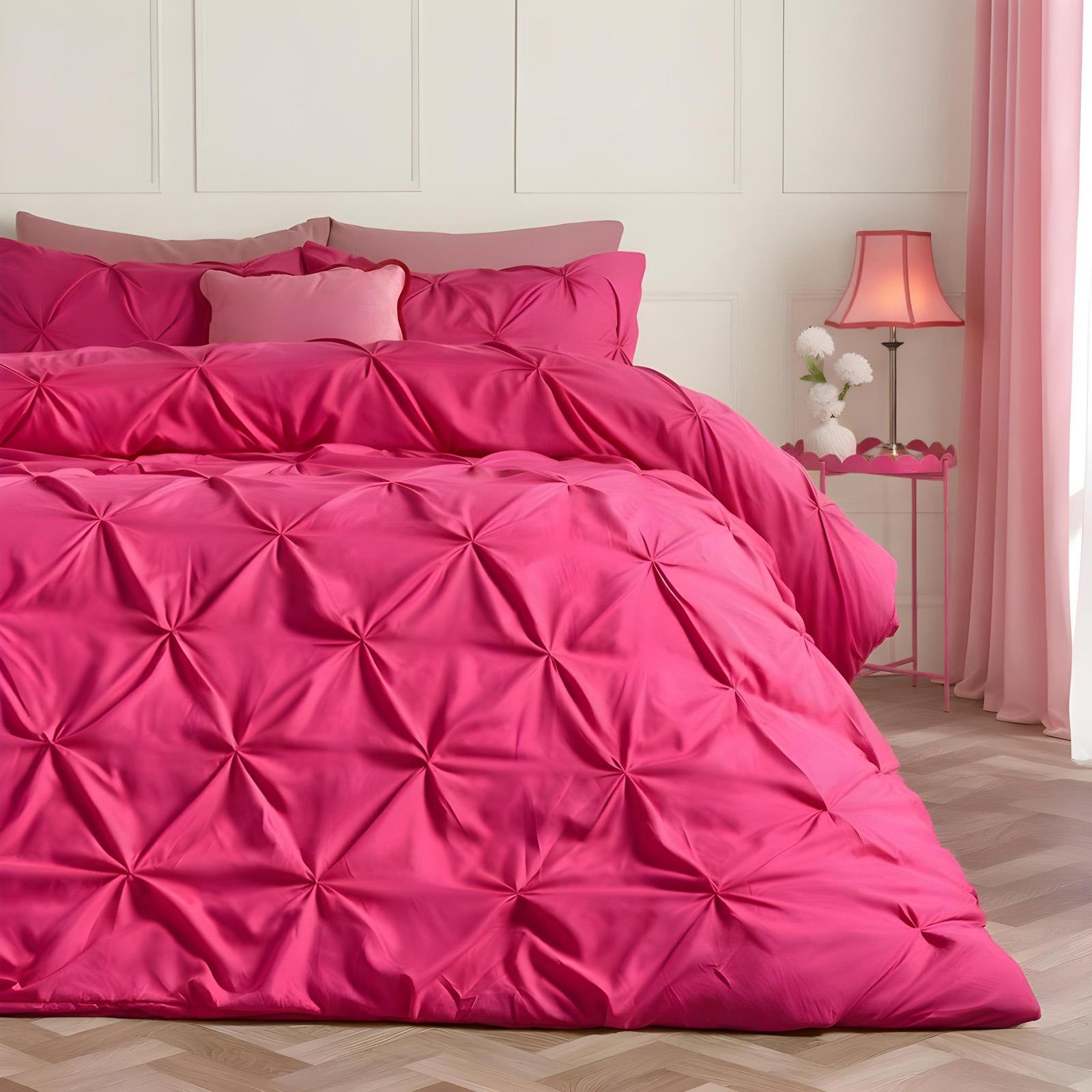 OHS Pintuck Microfibre Pinch Pleat Duvet Cover Set Hot Pink - King