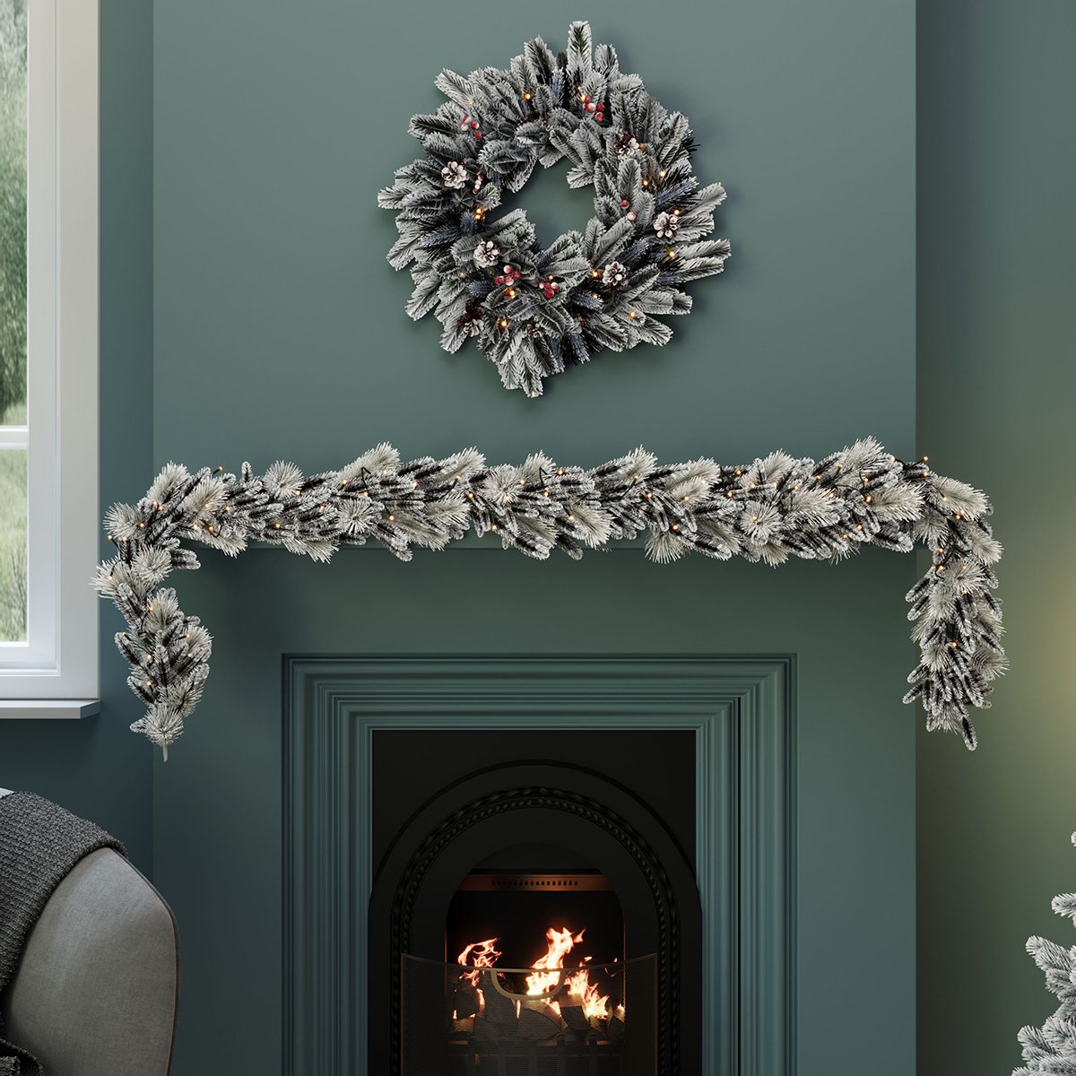 Charles Bentley Pre-Lit Snowy Red Berry and Pinecone Garland
