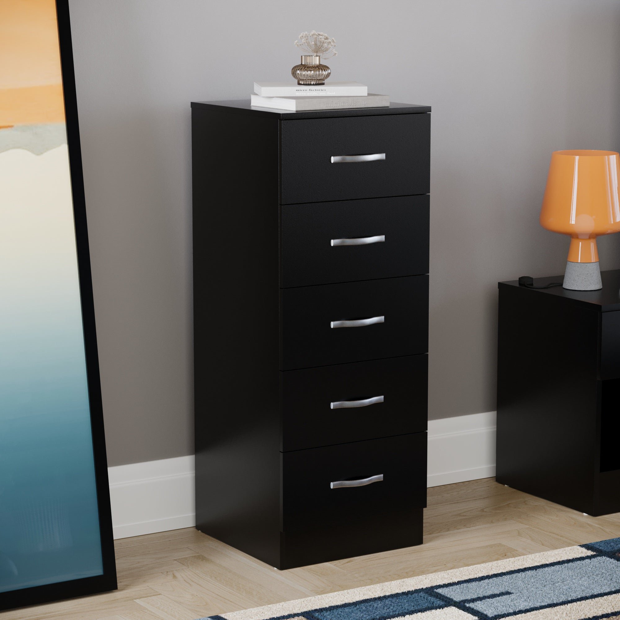 Vida Designs Riano 5 Drawer Narrow Chest - Black