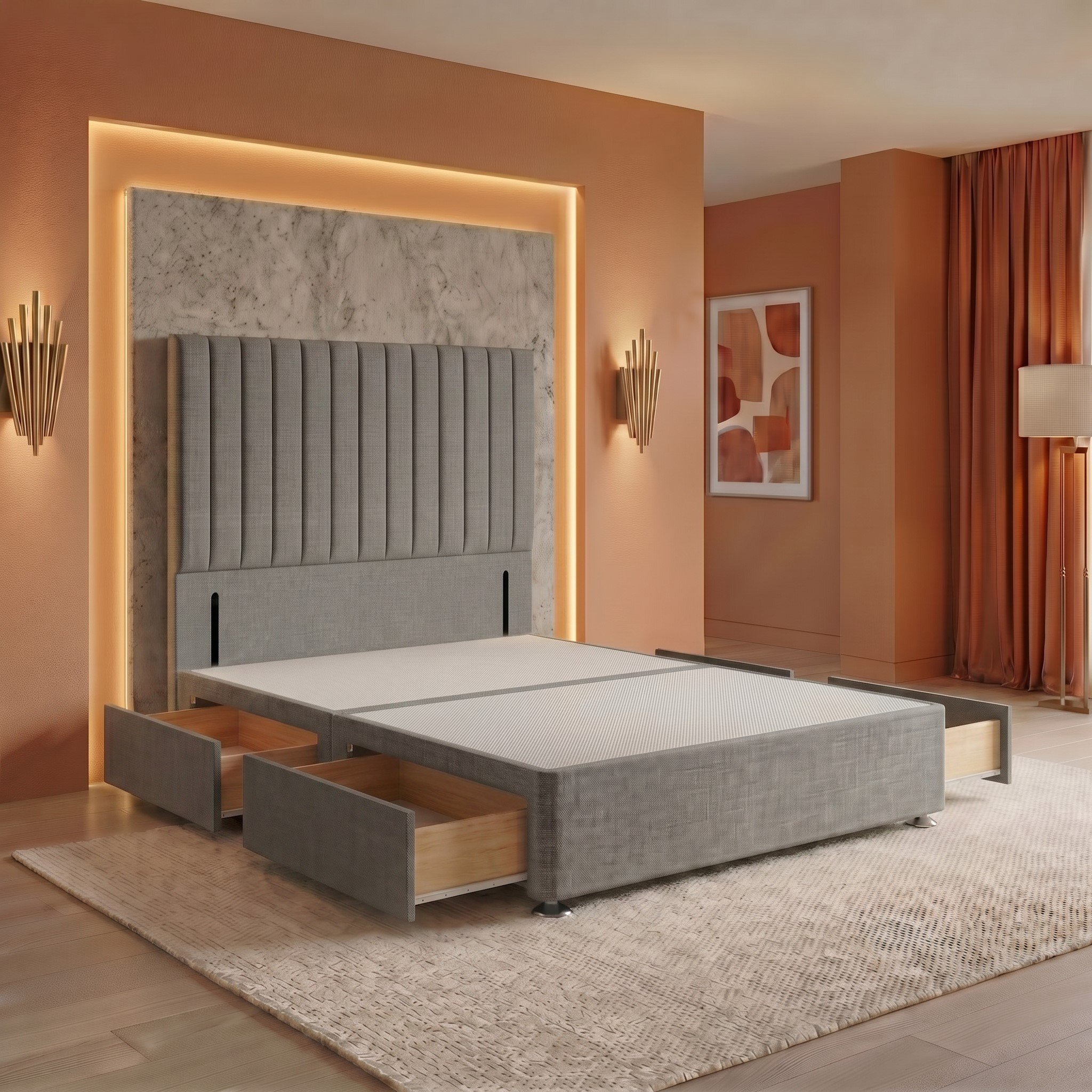Somnior Heritage Linen Super King 4 Drawer Divan Bed Base 54" Headboard - Silver