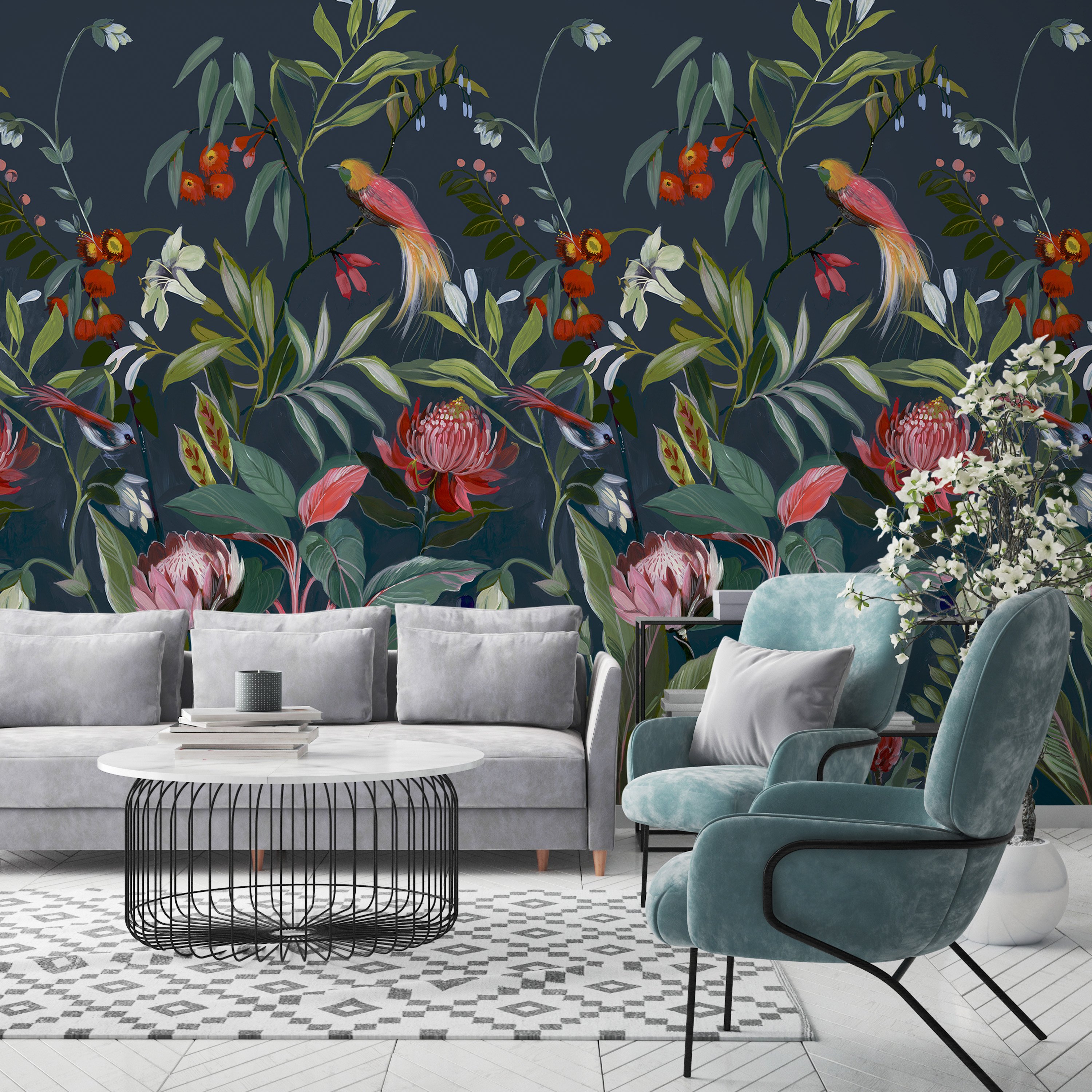 Grandeco Botanical Flowers and Birds Wall Murals  - Blue