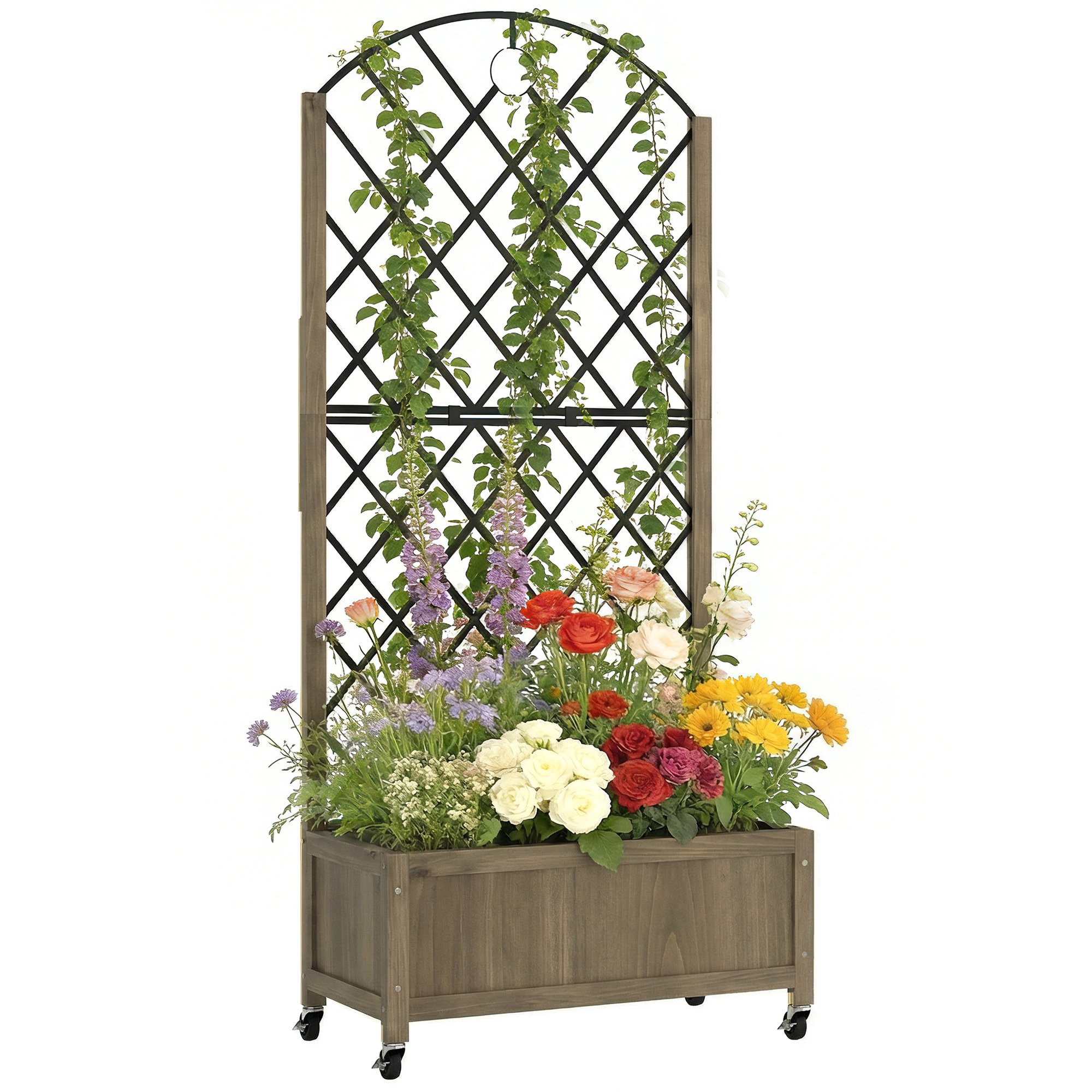 Outsunny Metal Raised Garden Bed with Metal Trellis - Carbonised