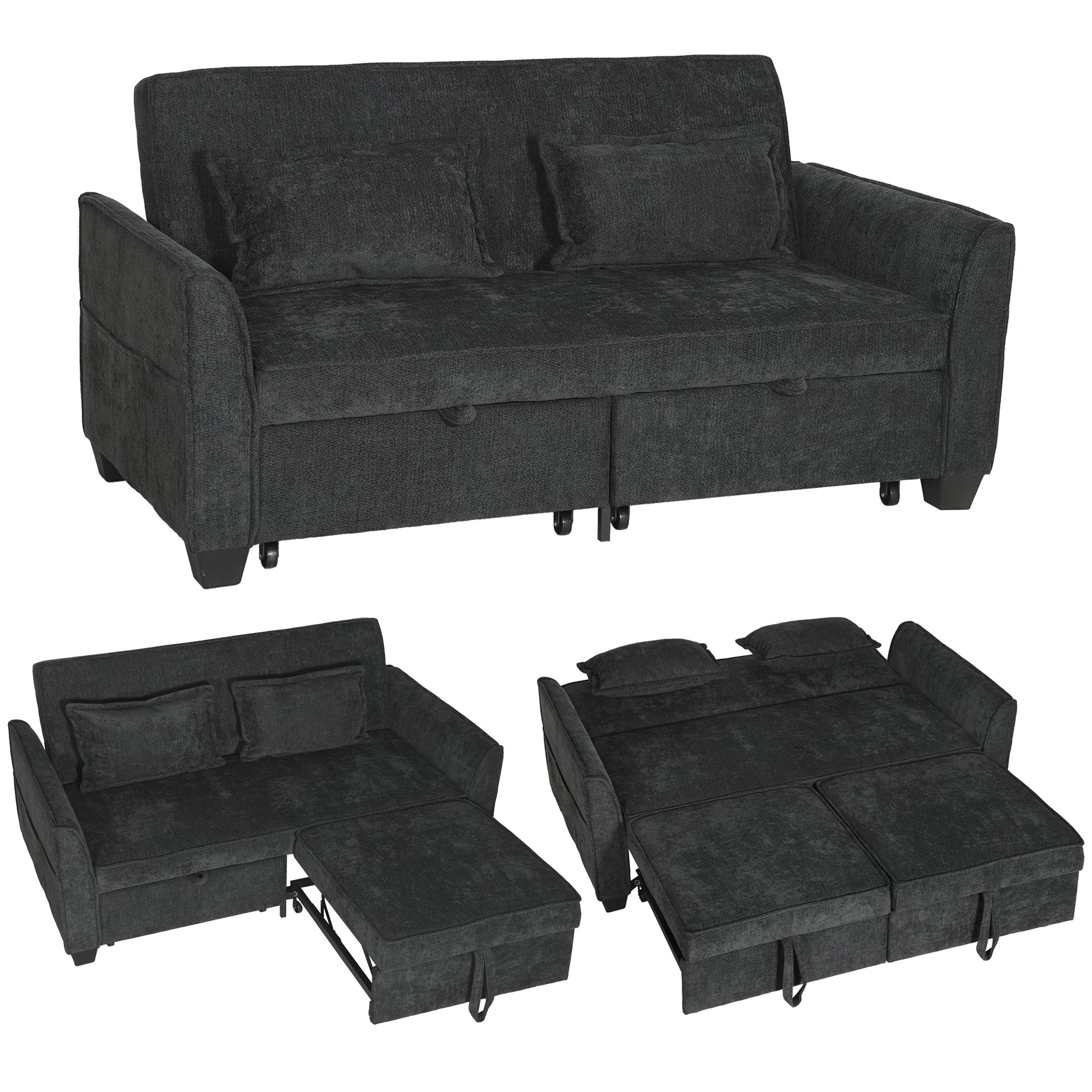 HOMCOM 4-in-1 L Shaped 2 Seater Convertible Pull Out Sleeper Sofa - Black
