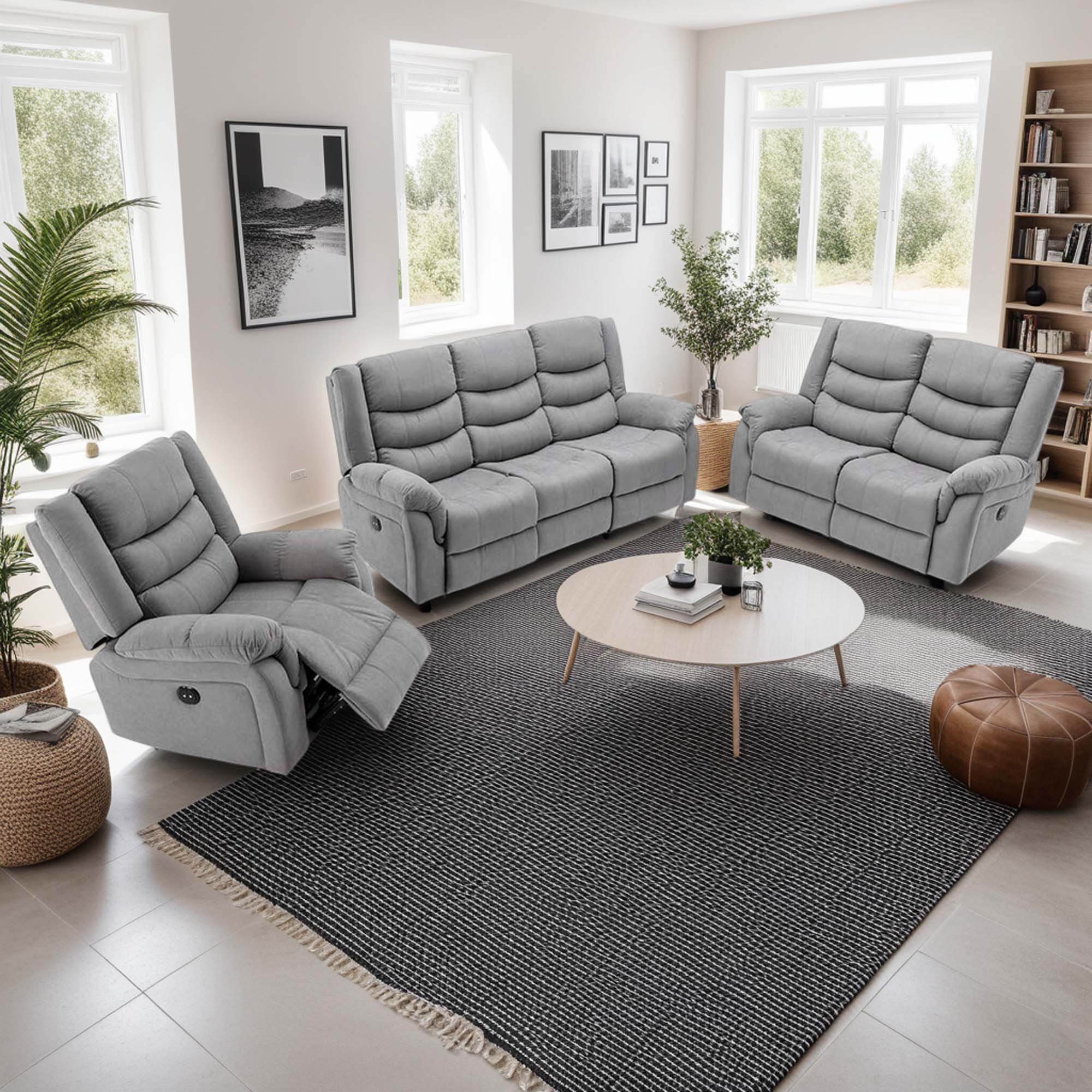 Furniture Online Seattle Electric Recliner Fabric 1+2+3 Seater Sofa Set - Grey